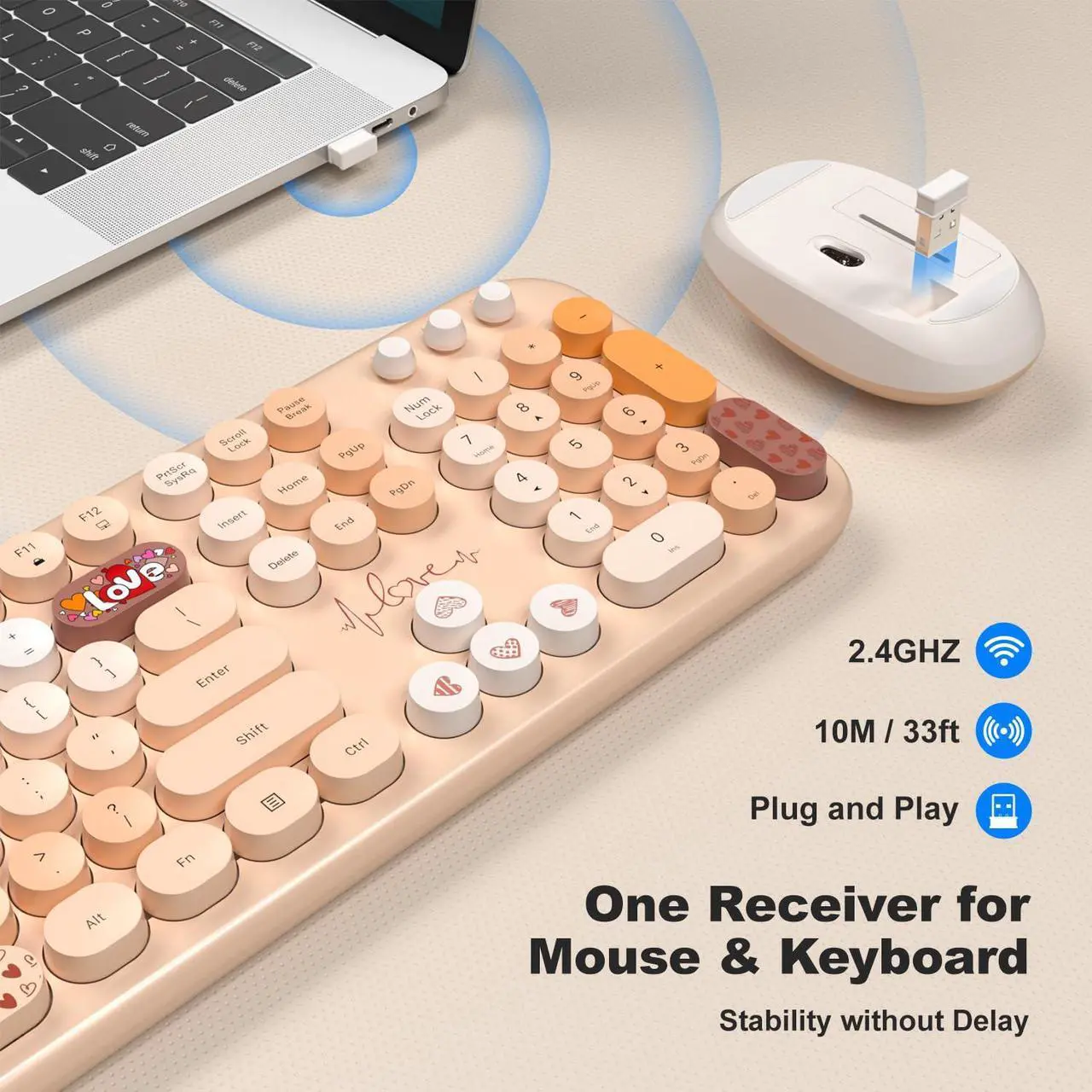 Alt view image 2 of 5 - Wireless Keyboard and Mouse, SQMD Colorful Typewriter Retro Keyboard with Round Keycaps, 2.4GHz USB Full-Size Keyboard and Mouse Set for Mac PC Desktop Laptop (Yellow Colorful)