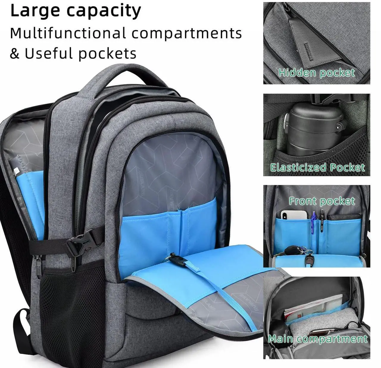 Alt view image 2 of 5 - DUSLANG 17 Inch Travel Laptop Backpack Water Resistant College Backpack for Men Laptop Bag with USB Charging Port,Light Grey