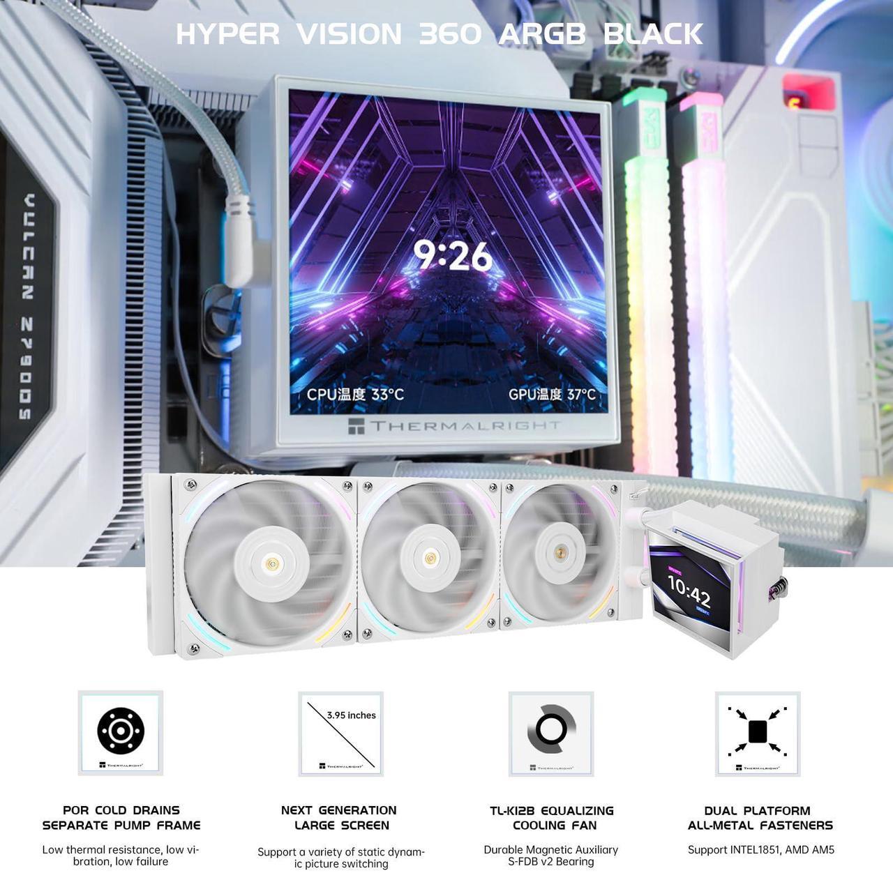 Alt view image 2 of 5 - Thermalright Hyper Vision 360 ARGB AIO CPU Liquid Cooler - Magnetic Fixed 3.95" LCD Display Screen, 2150RPM PWM Fans, for AMD AM4/AM5 & Intel LGA1150/1151/1200/2011/1700/1851 | White