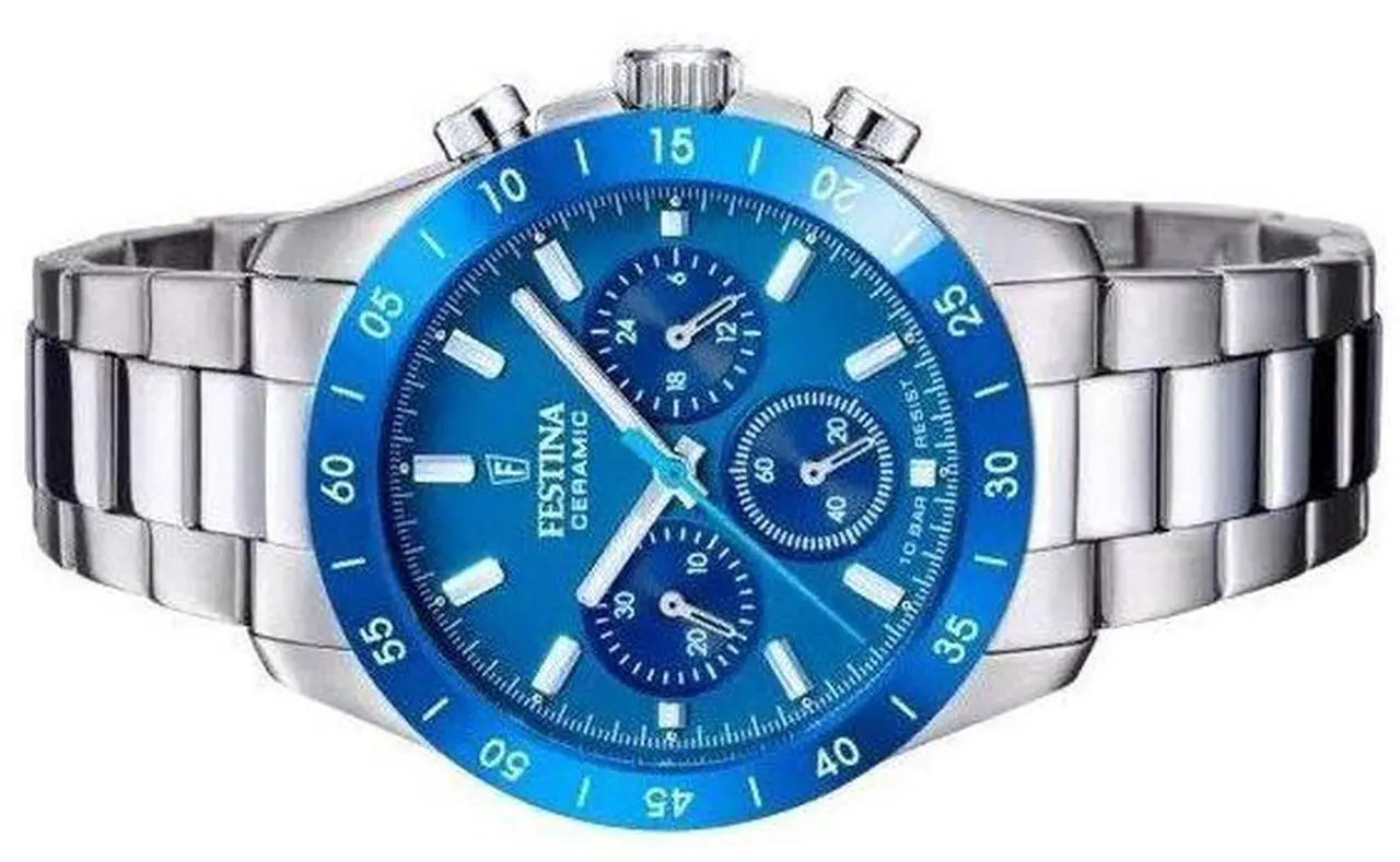 Alt view image 3 of 3 - Festina Ceramic Chronograph Blue Dial Quartz 100M Women's Watch F20693-4