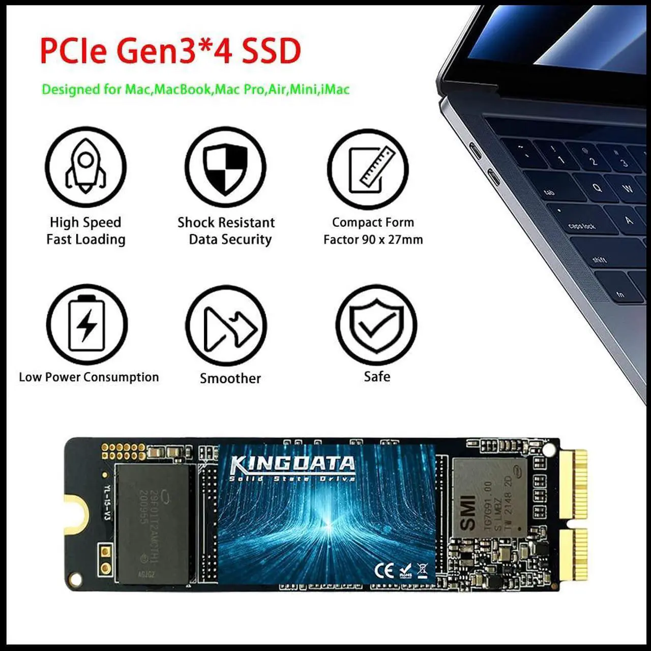 Alt view image 2 of 5 - KINGDATA SSD for MacBook 256GB NVMe PCIe Gen3x4 M.2 2280, Internal SSD for MacBook Air A1466 A1465(2013-2017)/MacBook Pro A1398 A1502(Retina 2013-2015)/iMac A1419 A1418