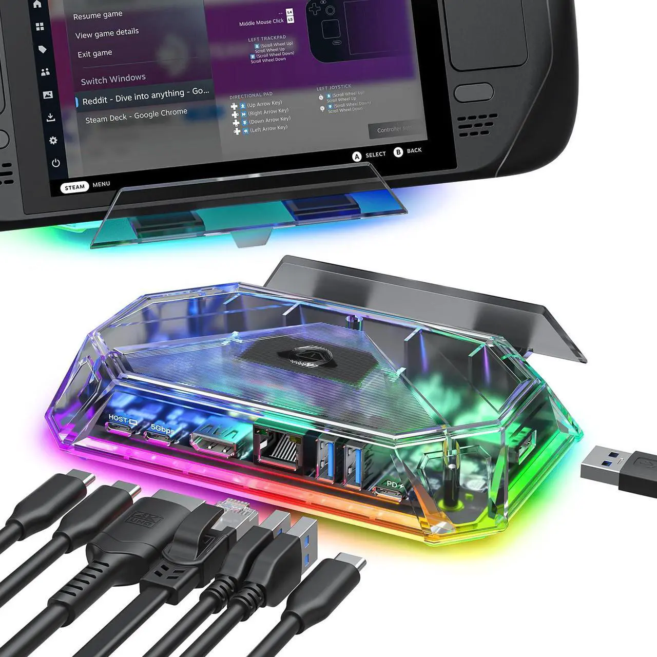 Main image of JSAUX RGB Docking Station for Steam Deck (OLED)/ROG Ally/Legion Go, 8-in-1 Steam Deck Dock with 4K@60Hz HDMI, Gigabit Ethernet, USB-C 3.0, Dual USB-A 3.0, USB 2.0, 100W USB-C Charging-Crystal