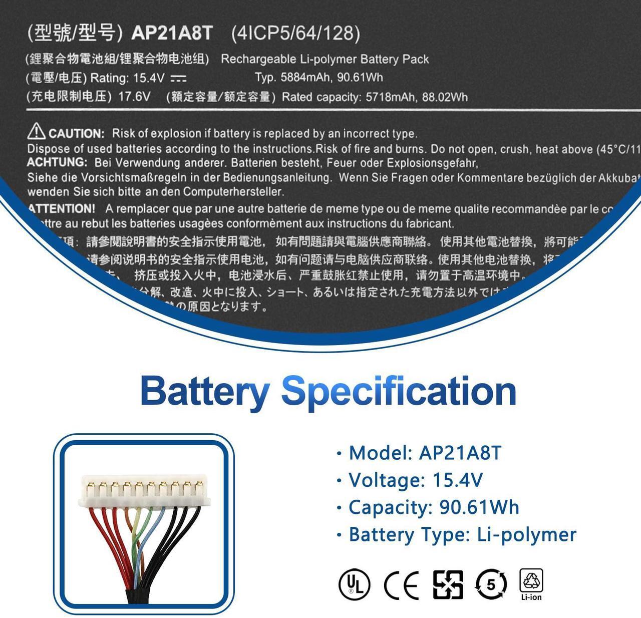 Alt view image 2 of 5 - AP21A8T Laptop Battery for Acer Predator Helios 300 PH317-56-78LY PH317-56-78SM PH315-55-72EA PH315-55-770K PH315-55-965Z PH315-55-78L7 PH315-55-796N Nitro 5 AN517-55-78KU 713K Series AP21A5T AP21A7T