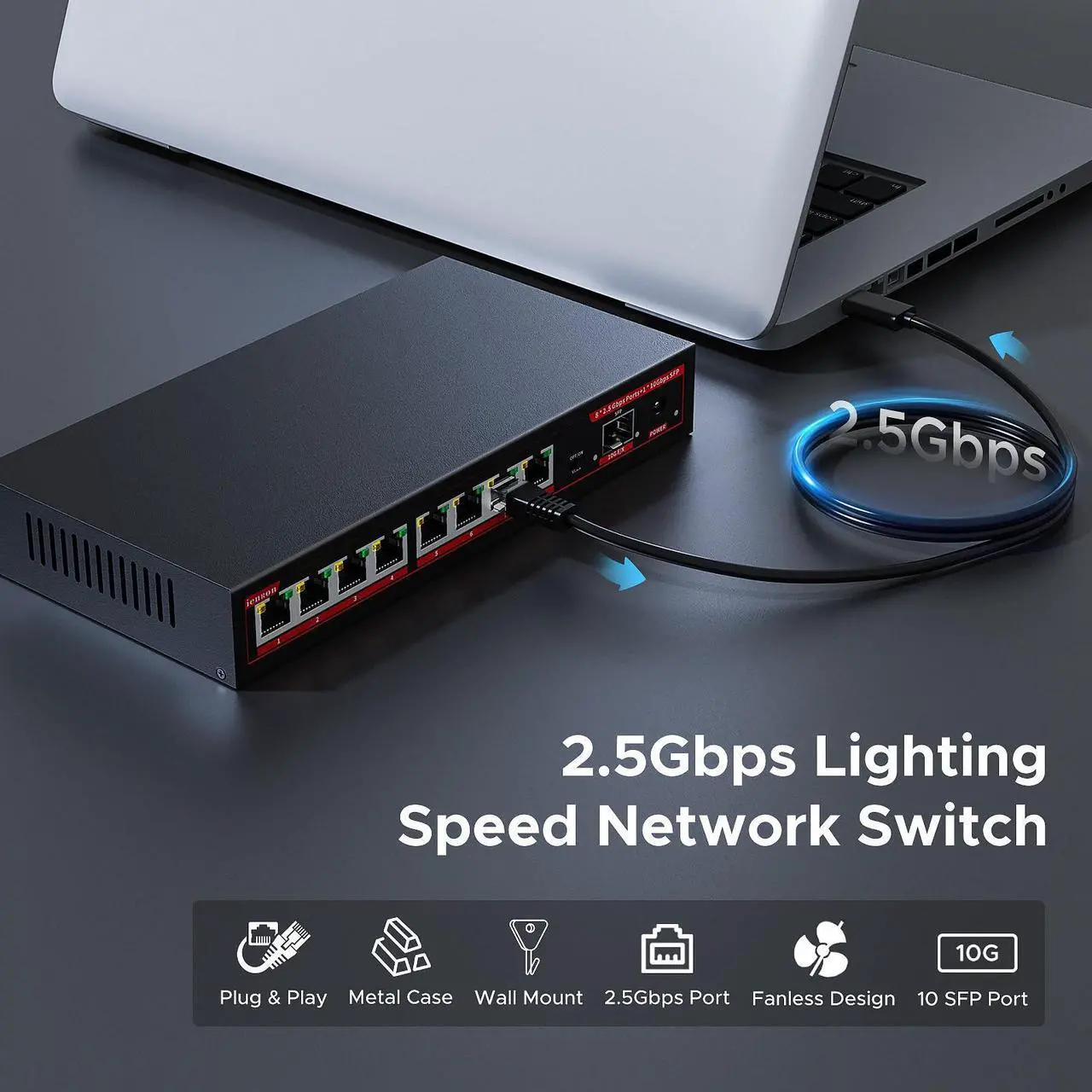 Alt view image 2 of 5 - ienRon 8 Port 2.5G Ethernet Switch with 1*10G SFP+ Slot, 9 Ports 2.5Gb Network Swithes and 1-10Gb Multi Speed, 60Gbps Switching Capacity, One Key VLAN| Plug & Play |Fanless |Metal |Wall Mount
