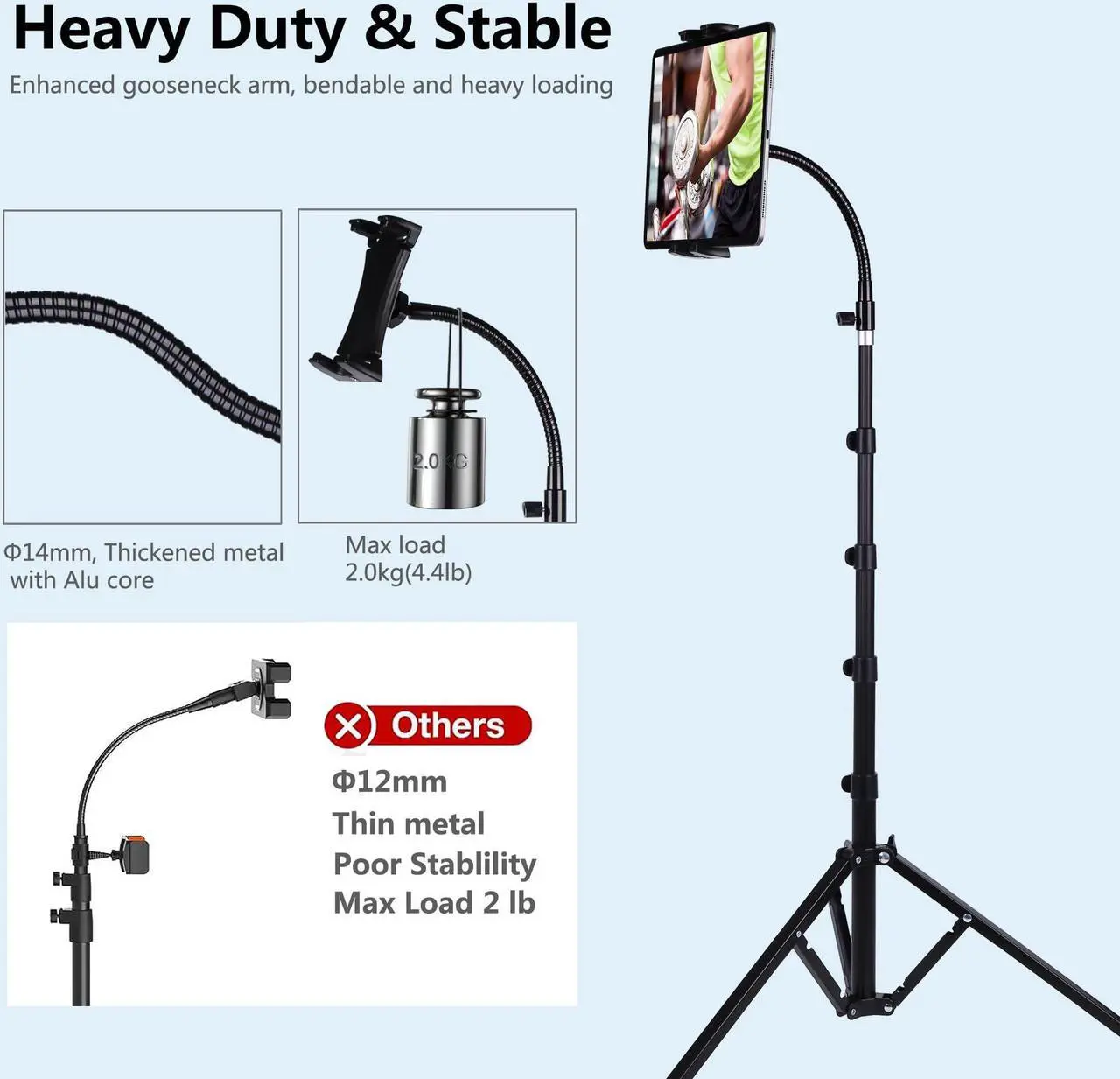 Alt view image 3 of 5 - Peastrex Ipad and Phone Tripod 73" Gooseneck Tablet Floor Stand Holder Mount with Remote for 3.5 to 15in Tablets iPhones, iPad Pro Air Mini 12.9 11 10.5, Galaxy Tab S9 Ultra 14.6", Surface