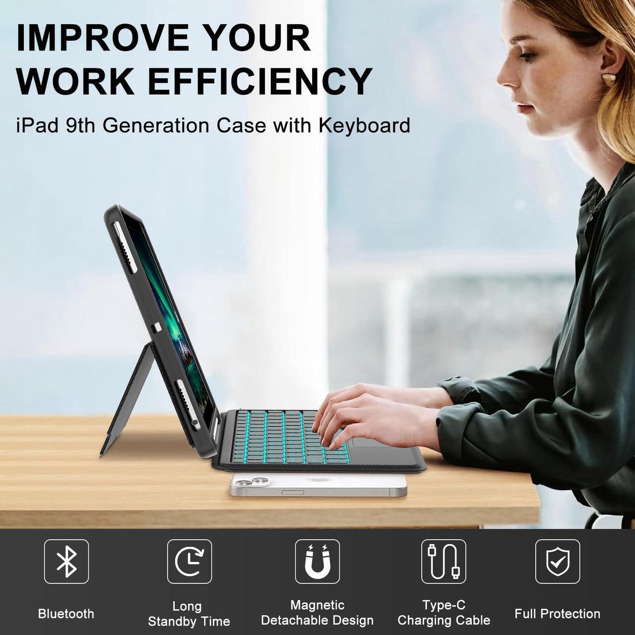 Alt view image 3 of 5 - KVAGO for iPad 9th 10.2 inch Generation Case with Keyboard, Detachable Backlit Keyboard, Multi-Touch Trackpad, Keyboard Cover for iPad 8th/7th Gen, iPad 10.2 Case Keyboard with Pencil Holder Black