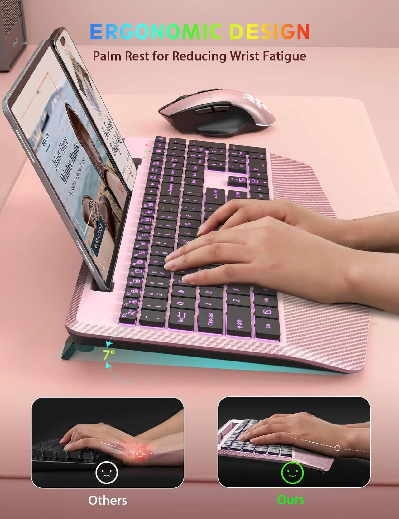 Alt view image 3 of 5 - Wireless Keyboard and Mouse Backlits, Wrist Rest, LED Mouse, Rechargeable Ergonomic Keyboard with Phone Holder, Silent Light Up Combo for Computer, Mac, PC, Laptop, Chromebook (Rose Gold)