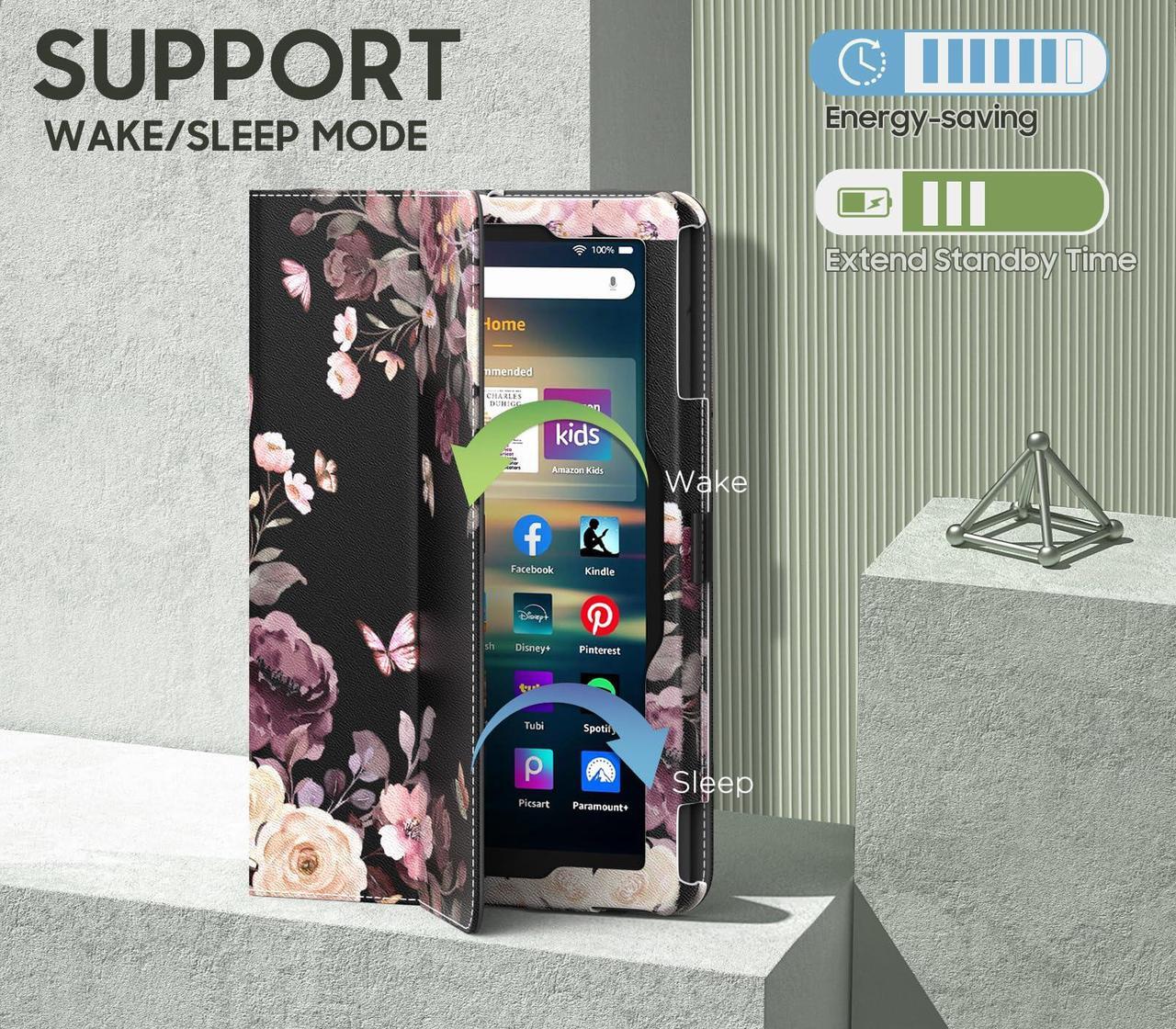 Alt view image 5 of 5 - MoKo Case Fits  Kindle Fire HD 8 & 8 Plus Tablet (12th Generation/10th Generation, 2024/2022/2020 Release) 8", Slim Folding Stand Cover with Auto Wake/Sleep, Purple Flowers on Black