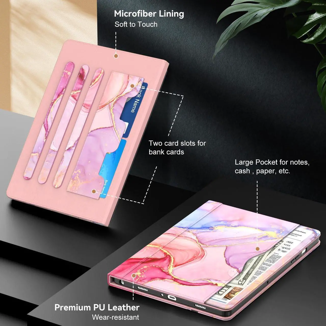 Alt view image 5 of 5 - OKP Case for Samsug Galaxy Tab A9+ Plus 11 inch 2024(SM-X210/X216/X218), PU Leather Folio Cover with Multi-Angle Stand//Pen Holder, Auto Wake/Sleep Case for Galaxy A9+ 11" Tablet (Marble Pink)