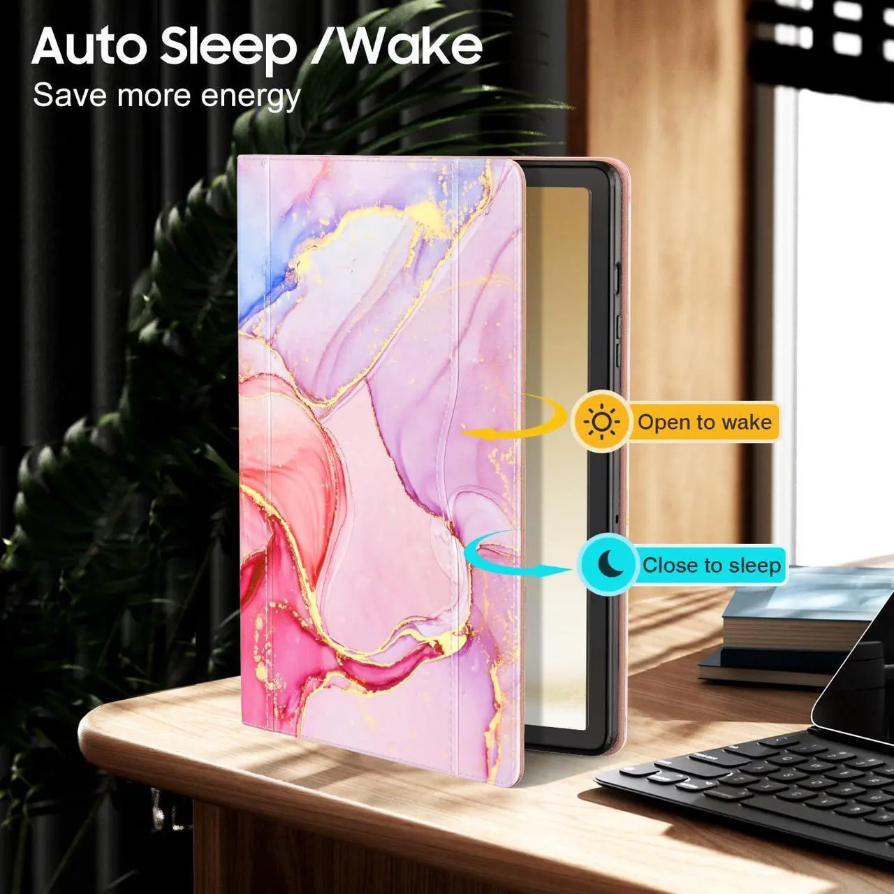 Alt view image 3 of 5 - OKP Case for Samsug Galaxy Tab A9+ Plus 11 inch 2024(SM-X210/X216/X218), PU Leather Folio Cover with Multi-Angle Stand//Pen Holder, Auto Wake/Sleep Case for Galaxy A9+ 11" Tablet (Marble Pink)