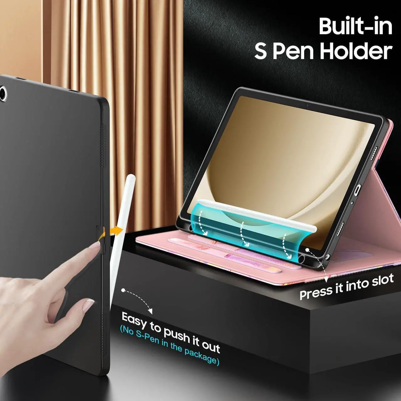 Alt view image 4 of 5 - OKP Case for Samsug Galaxy Tab A9+ Plus 11 inch 2024(SM-X210/X216/X218), PU Leather Folio Cover with Multi-Angle Stand//Pen Holder, Auto Wake/Sleep Case for Galaxy A9+ 11" Tablet (Marble Pink)