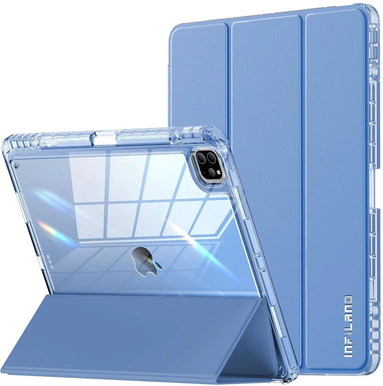 Main image of INFILAND Compatible with iPad Pro 12.9 Case 2022/2021(6th/5th Gen), [Crystal Clear Both Back & Frame] Anti-Yellowing + Pencil Holder (A2378, A2461, A2379, A2462, A2436, A2764, A2437, A2766) Blue