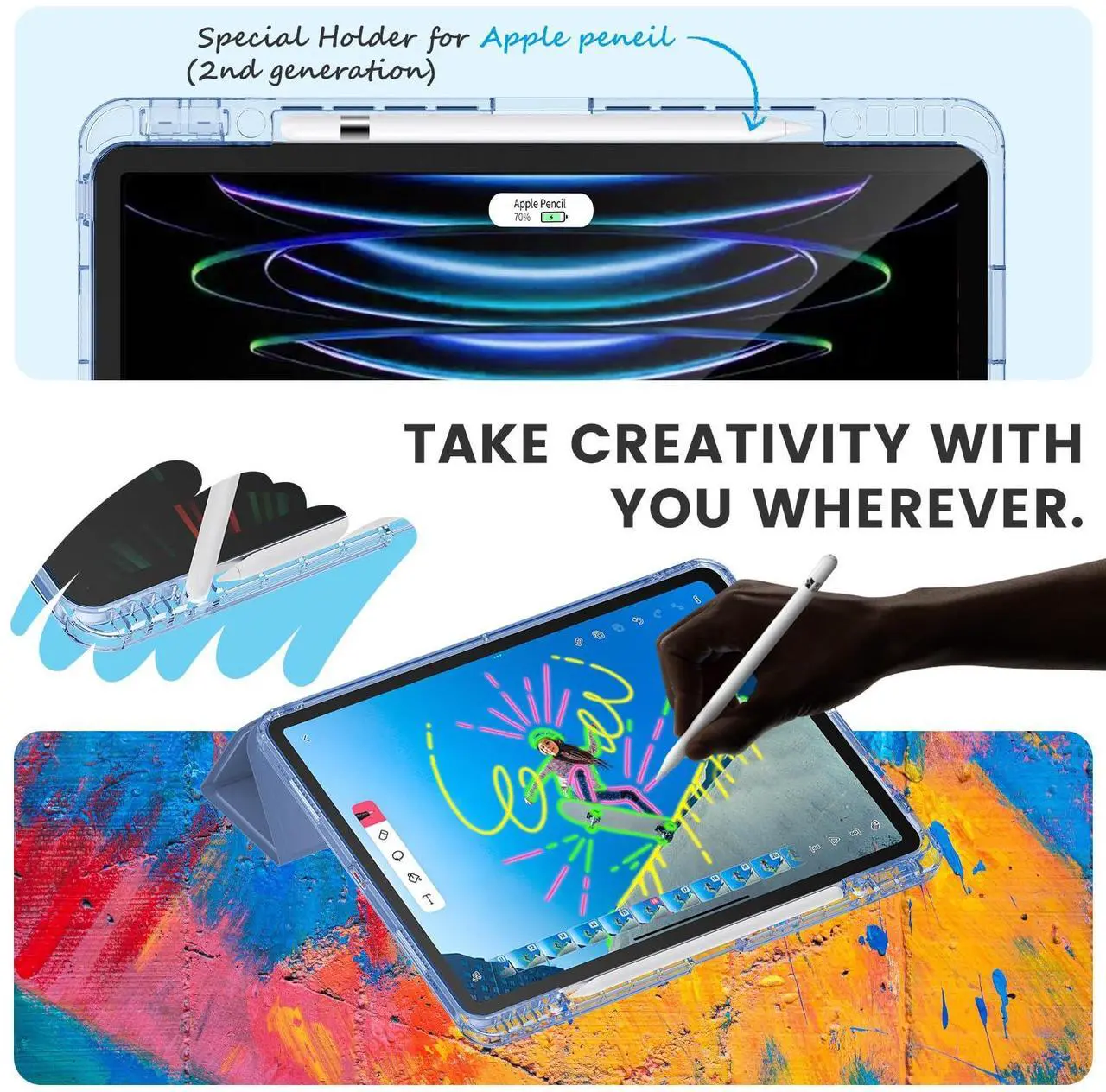 Alt view image 2 of 5 - INFILAND Compatible with iPad Pro 12.9 Case 2022/2021(6th/5th Gen), [Crystal Clear Both Back & Frame] Anti-Yellowing + Pencil Holder (A2378, A2461, A2379, A2462, A2436, A2764, A2437, A2766) Blue