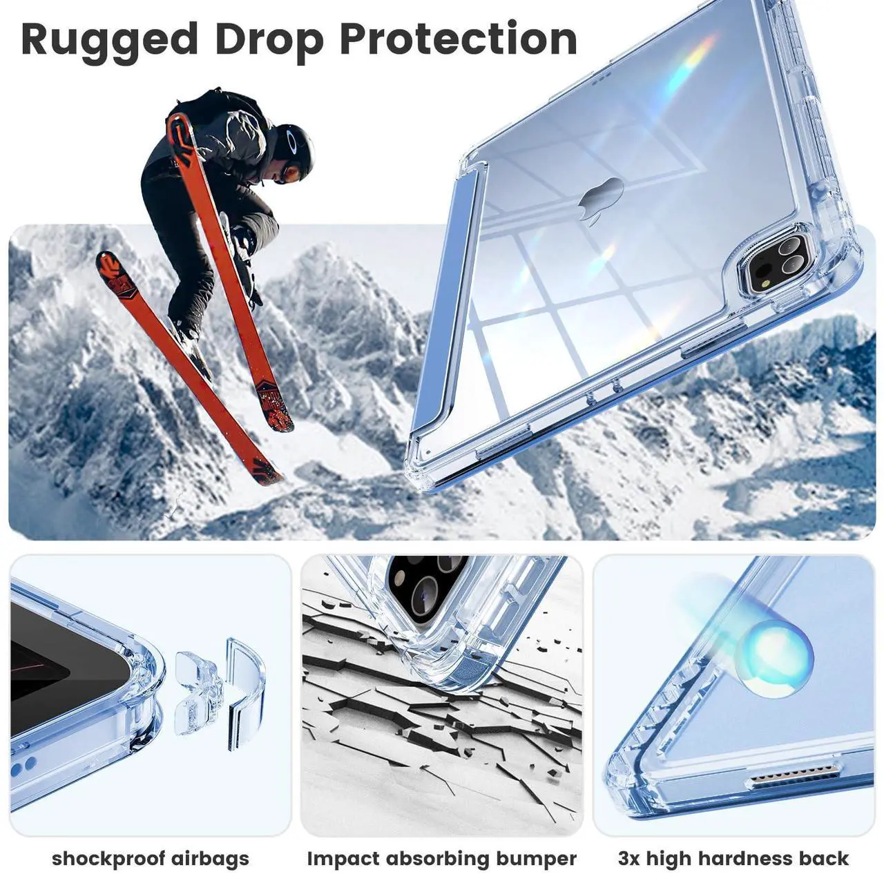 Alt view image 3 of 5 - INFILAND Compatible with iPad Pro 12.9 Case 2022/2021(6th/5th Gen), [Crystal Clear Both Back & Frame] Anti-Yellowing + Pencil Holder (A2378, A2461, A2379, A2462, A2436, A2764, A2437, A2766) Blue