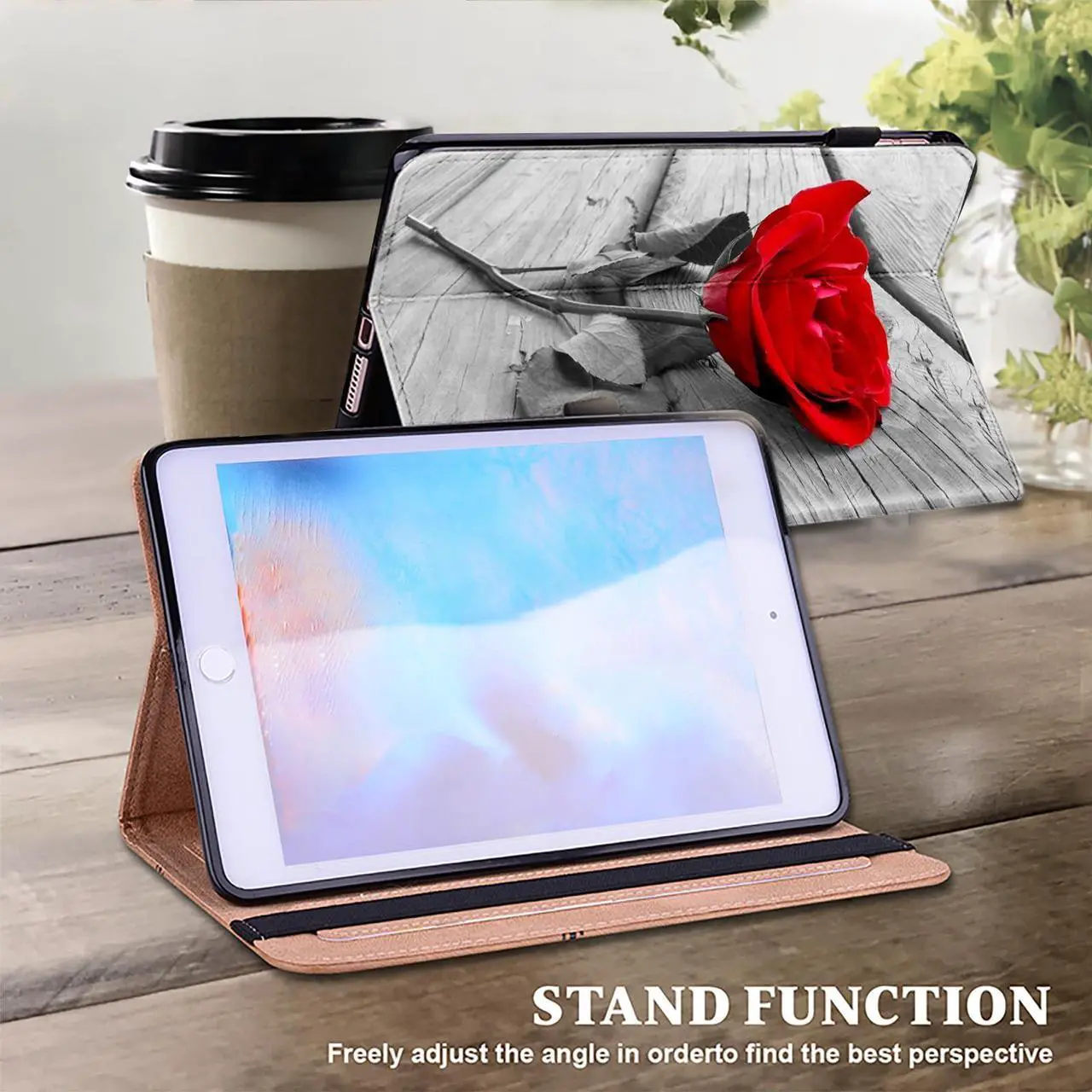 Alt view image 2 of 5 - Dteck for iPad Pro 13 Inch M4 Case 2024 with Stand, Adjustable Viewing Angles, Elastic Band Closure, Elastic Loop for Apple Pencil, Stylus Included, PU Leather Lightweight Cute Folio Case, Red Rose