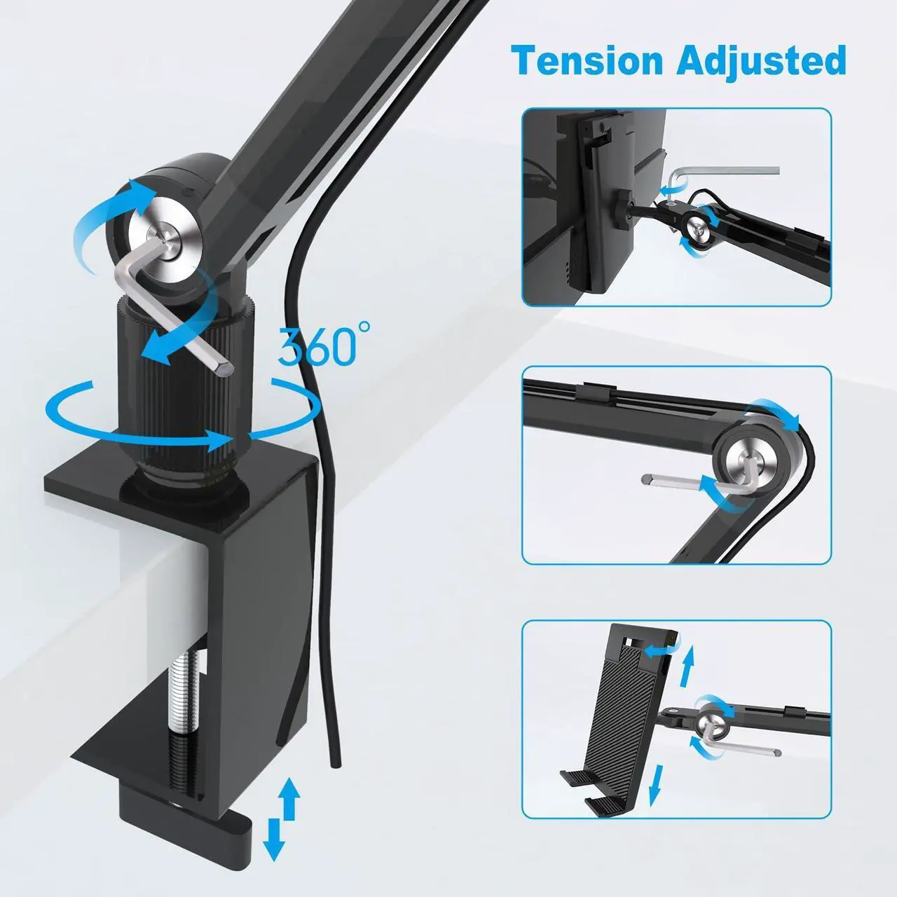 Alt view image 2 of 5 - Bimo Tablet Stand Holder for ipad,Portable Monitor Stand Desk Mount for 15.6'' 16'' Screen,Aluminum Long Arm with 360deg Rotating Base,Compatible with 4.7-16'' Display,ipad,Kindle