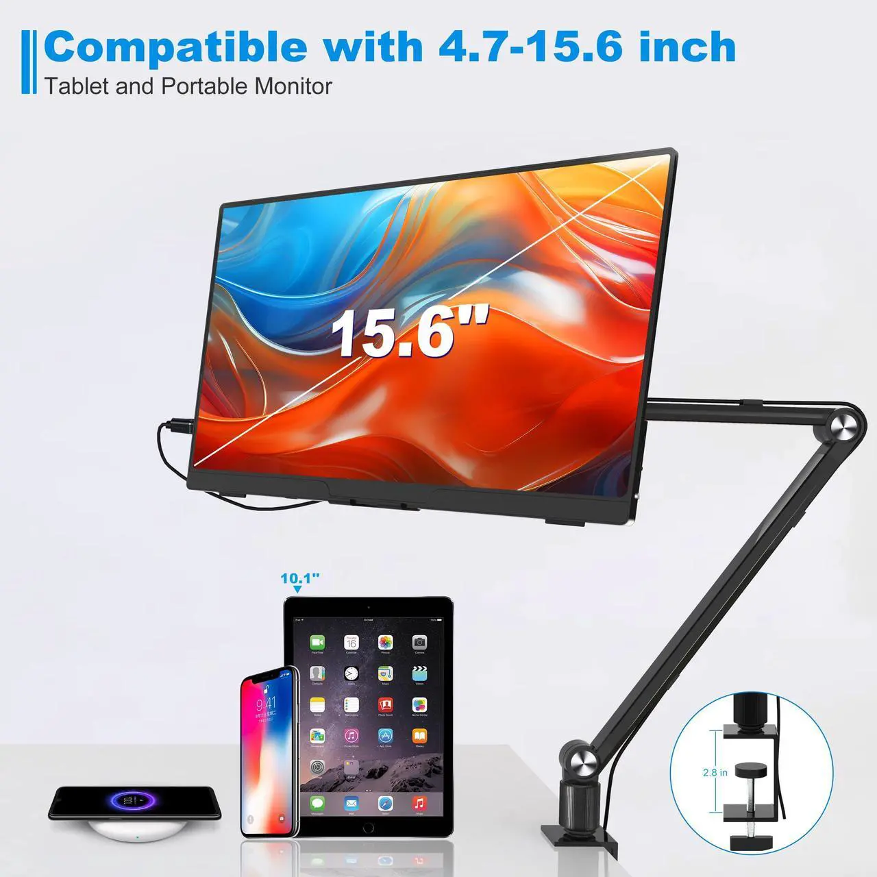 Alt view image 5 of 5 - Bimo Tablet Stand Holder for ipad,Portable Monitor Stand Desk Mount for 15.6'' 16'' Screen,Aluminum Long Arm with 360deg Rotating Base,Compatible with 4.7-16'' Display,ipad,Kindle