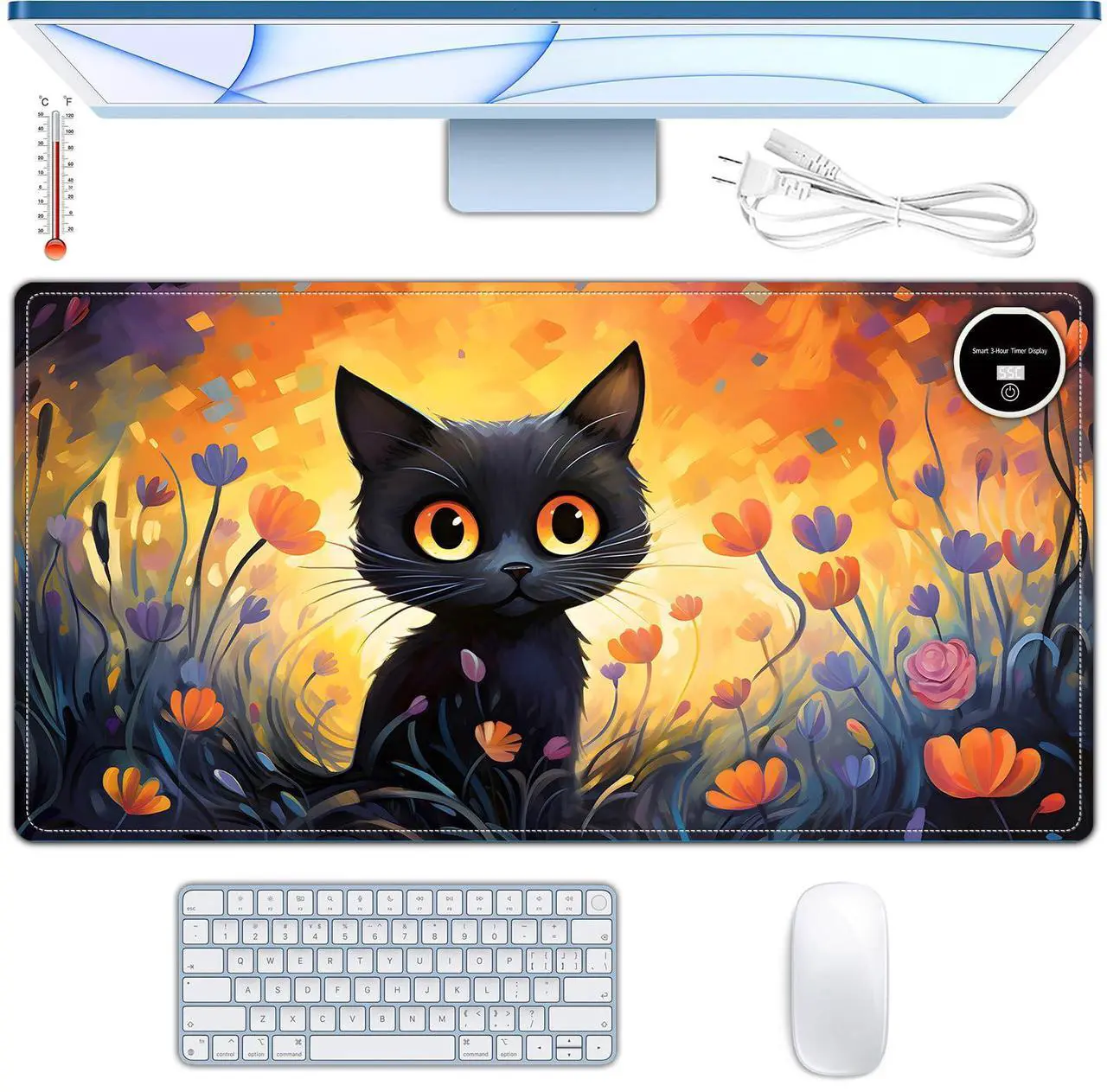 Main image of Heated Mouse Pad,Warm Desk Pad,Warm Desk Mat with 6 Heating Levels & 3H Auto Shut-Off,31.5" x 13" Large Safe Desk Mat Hand Warmer for Keyboard,Flowers Cute Cat