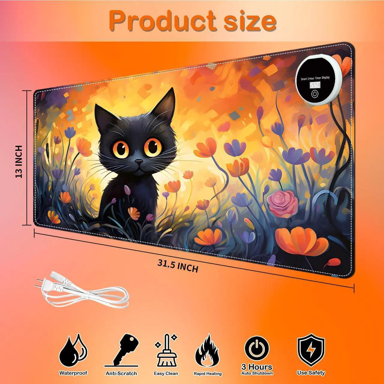 Alt view image 2 of 5 - Heated Mouse Pad,Warm Desk Pad,Warm Desk Mat with 6 Heating Levels & 3H Auto Shut-Off,31.5" x 13" Large Safe Desk Mat Hand Warmer for Keyboard,Flowers Cute Cat
