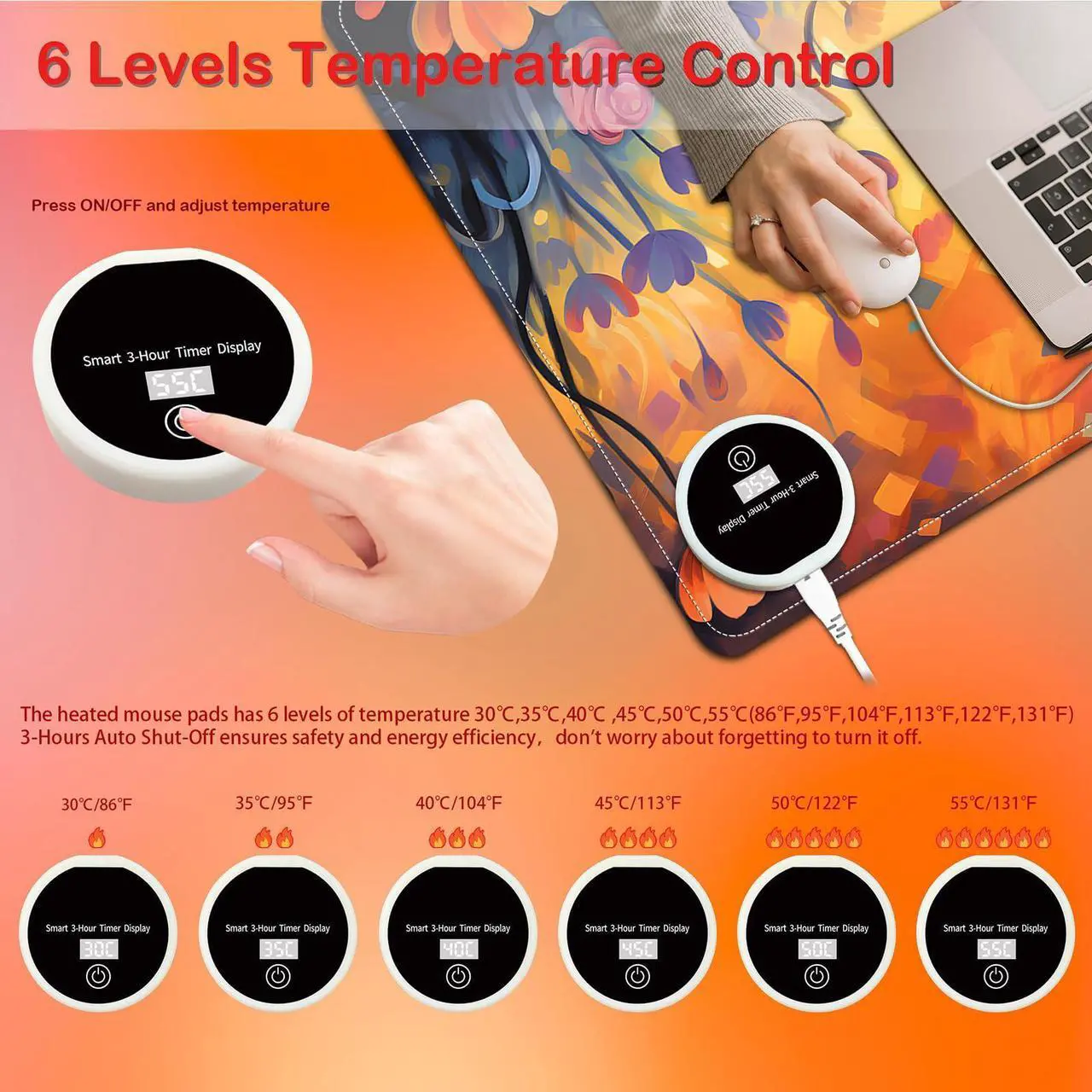 Alt view image 3 of 5 - Heated Mouse Pad,Warm Desk Pad,Warm Desk Mat with 6 Heating Levels & 3H Auto Shut-Off,31.5" x 13" Large Safe Desk Mat Hand Warmer for Keyboard,Flowers Cute Cat