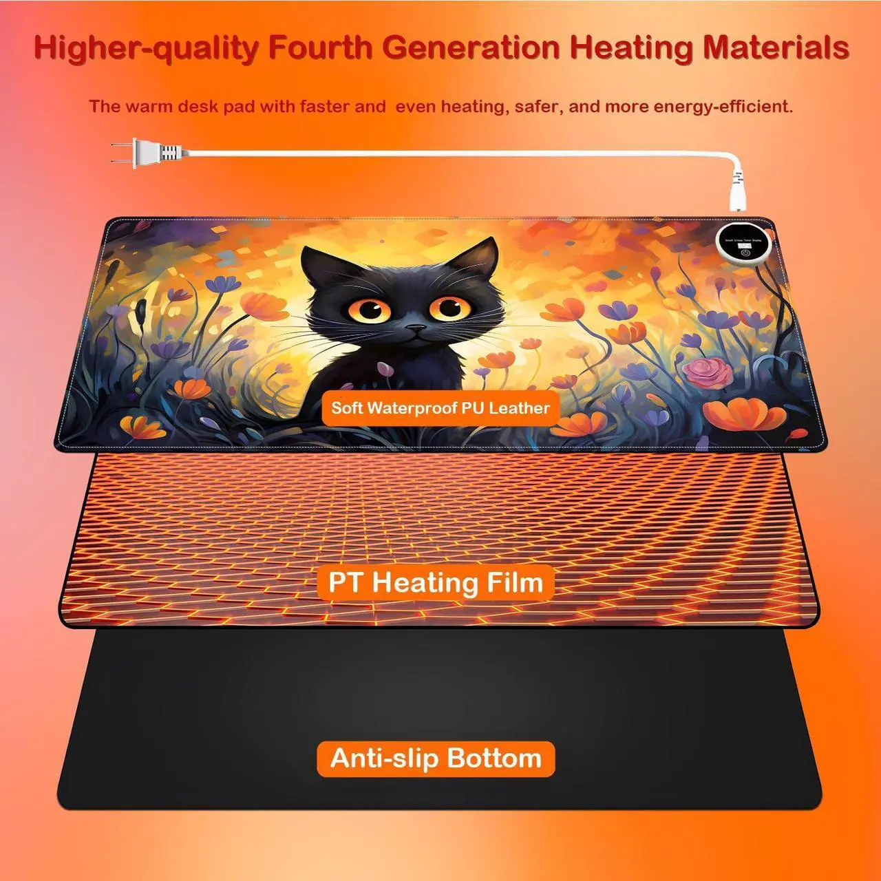 Alt view image 4 of 5 - Heated Mouse Pad,Warm Desk Pad,Warm Desk Mat with 6 Heating Levels & 3H Auto Shut-Off,31.5" x 13" Large Safe Desk Mat Hand Warmer for Keyboard,Flowers Cute Cat