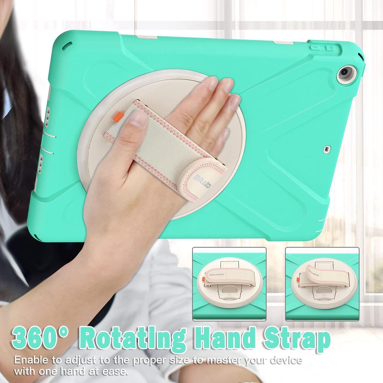 Alt view image 3 of 5 - BRAECN for iPad 6th/5th Gen Case 2018/2017, iPad 9.7 Case, Heavy Duty Shockproof Kids Friendly Boys Girls Case with Carrying Shoulder Strap, Built-in Kickstand, Rotating Hand Strap - Mint Green