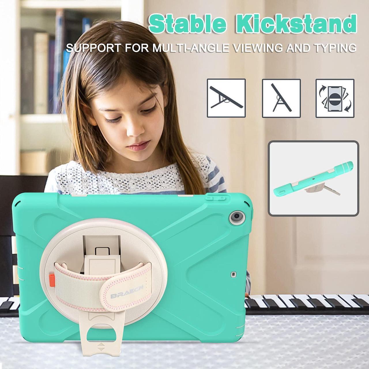 Alt view image 4 of 5 - BRAECN for iPad 6th/5th Gen Case 2018/2017, iPad 9.7 Case, Heavy Duty Shockproof Kids Friendly Boys Girls Case with Carrying Shoulder Strap, Built-in Kickstand, Rotating Hand Strap - Mint Green