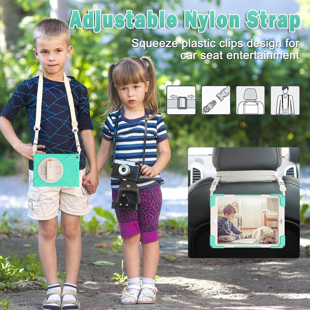 Alt view image 5 of 5 - BRAECN for iPad 6th/5th Gen Case 2018/2017, iPad 9.7 Case, Heavy Duty Shockproof Kids Friendly Boys Girls Case with Carrying Shoulder Strap, Built-in Kickstand, Rotating Hand Strap - Mint Green