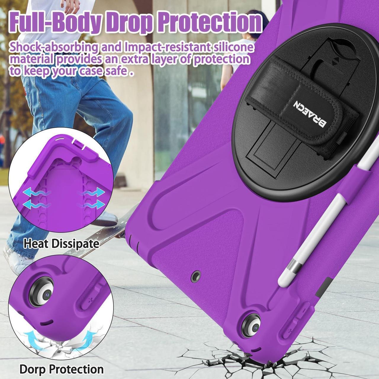 Alt view image 3 of 5 - BRAECNstock for Apple iPad 9th/ 8th/ 7th Generation Case 10.2" Shockproof Protective Kids Case with Screen Protector, Pencil Holder, Rotating Stand+Hand Strap, Shoulder Strap, Purple