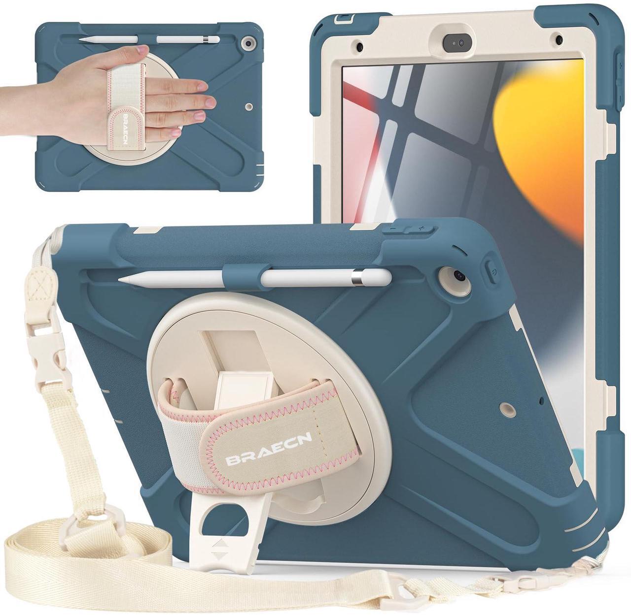 Main image of BRAECNstock for Apple iPad 9th/ 8th/ 7th Generation Case 10.2 inch 2021/2020/ 2019 Shockproof Protective Case with Screen Protector, Pencil Holder, Rotating Hand Strap+Stand, Cornflower Blue