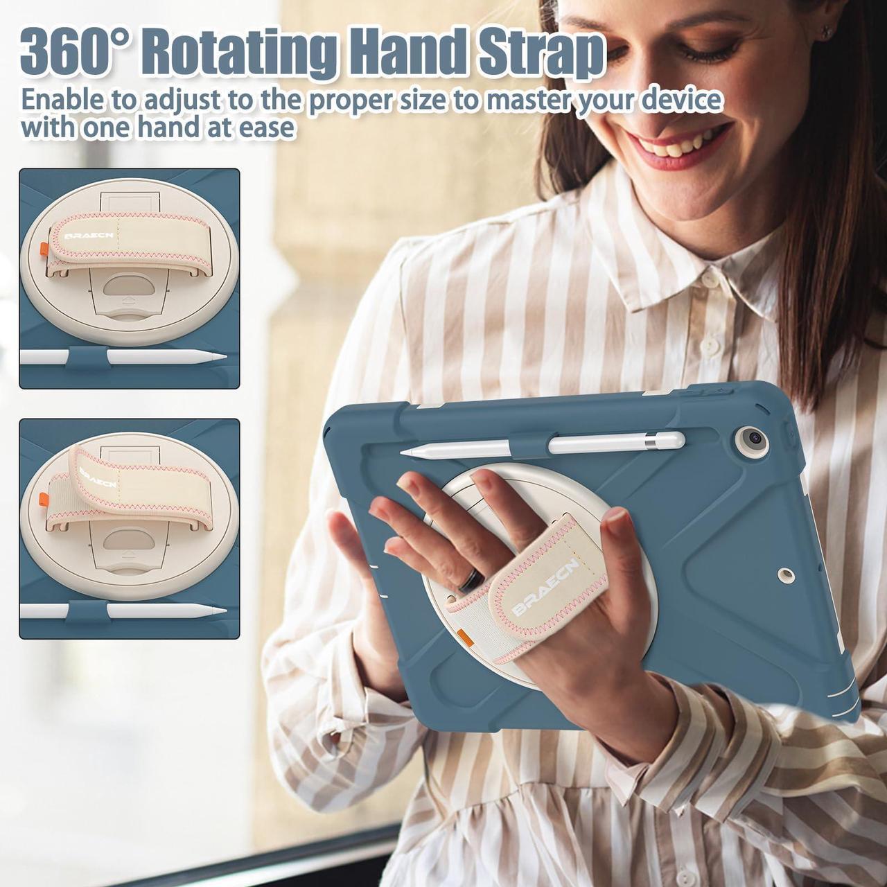 Alt view image 3 of 5 - BRAECNstock for Apple iPad 9th/ 8th/ 7th Generation Case 10.2 inch 2021/2020/ 2019 Shockproof Protective Case with Screen Protector, Pencil Holder, Rotating Hand Strap+Stand, Cornflower Blue