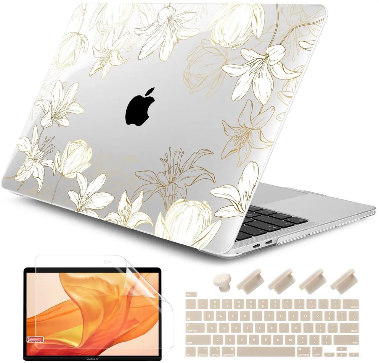 Main image of DONGKE Compatible with MacBook Pro 13 inch Case 2024 2023-2020 Release A2338 M2/M1 A2251 A2289 with Retina Display & Touch ID, Plastic Hard Shell & Keyboard Cover & Screen Film- Golden Florals