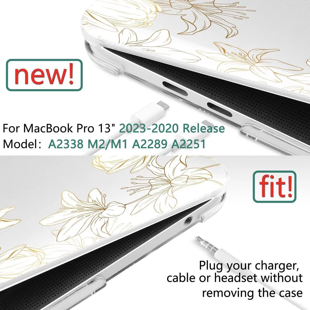 Alt view image 2 of 5 - DONGKE Compatible with MacBook Pro 13 inch Case 2024 2023-2020 Release A2338 M2/M1 A2251 A2289 with Retina Display & Touch ID, Plastic Hard Shell & Keyboard Cover & Screen Film- Golden Florals