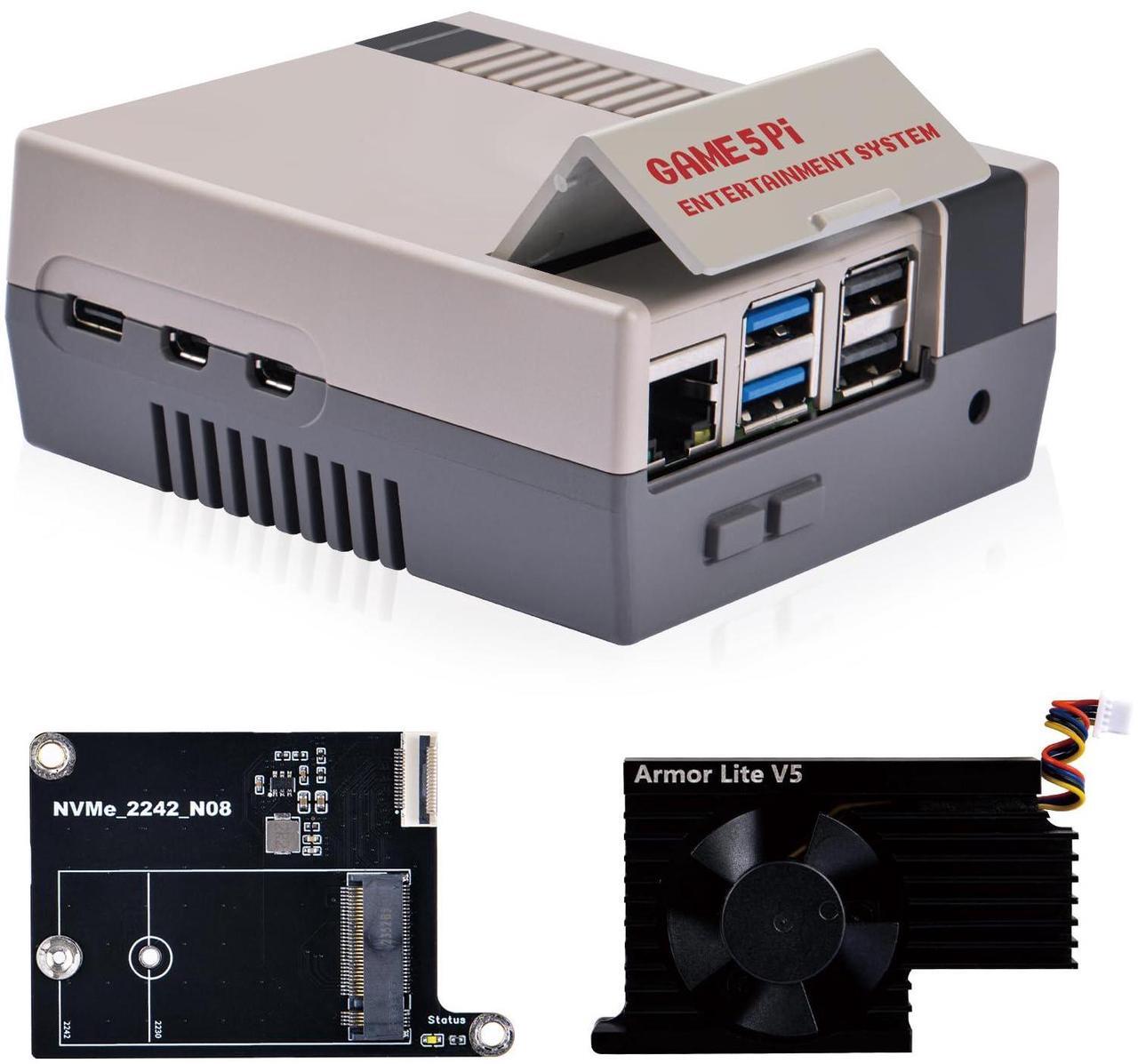 Main image of GeeekPi Game5Pi Case with N08 PCIe to M.2 NVMe SSD PCIe Peripheral Board, and Armor Lite V5 Cooler for Raspberry Pi 5, Support M.2 2230/2242 SSD