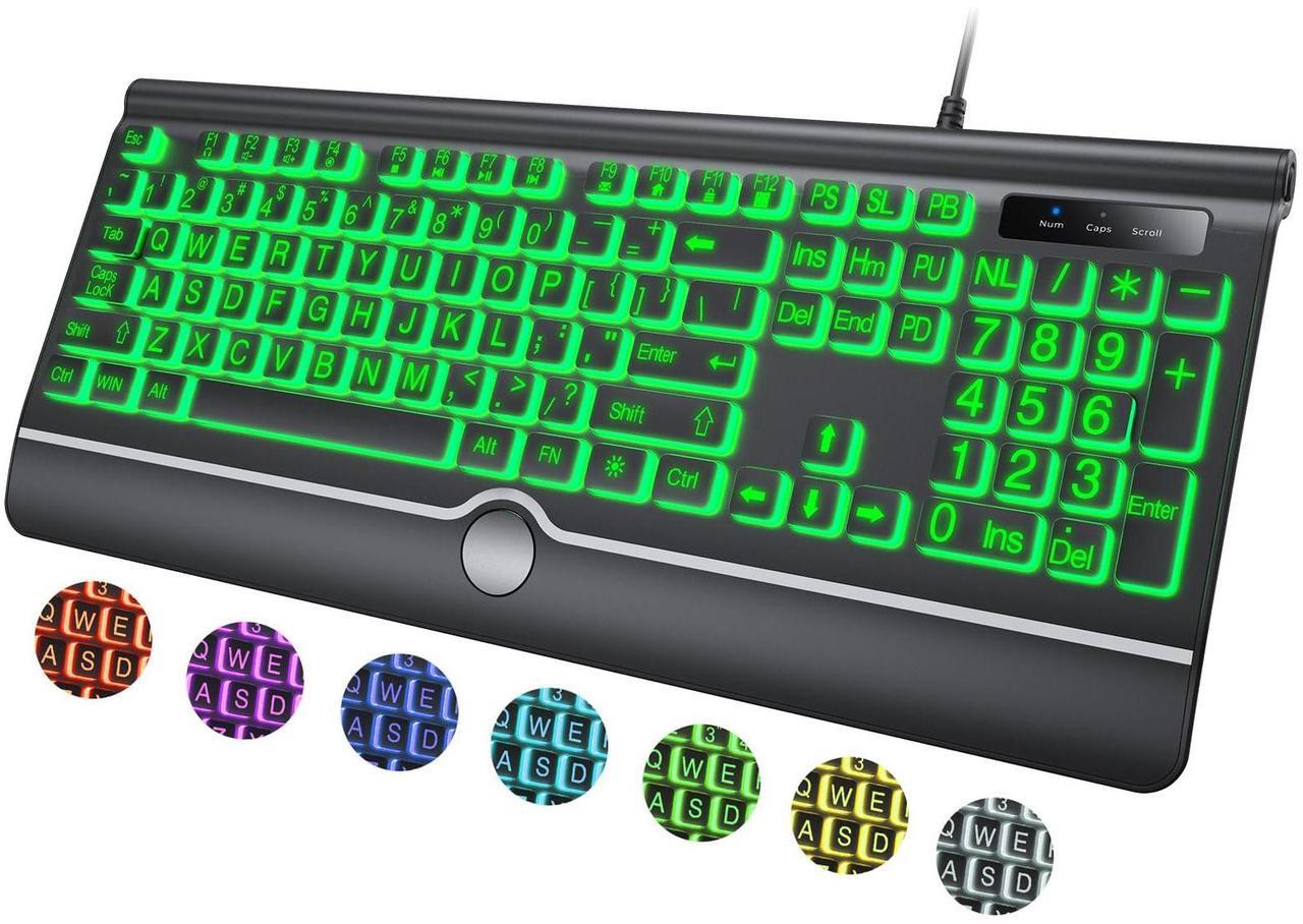 Main image of Large Print Backlit Computer Keyboard, 7-Color Backlit Keyboard with Wrist Rest, USB Plug-and-Play, Oversize Letters Keys Easy to See and Type, Wired Light Up Keyboards for Laptop, PC, Gaming