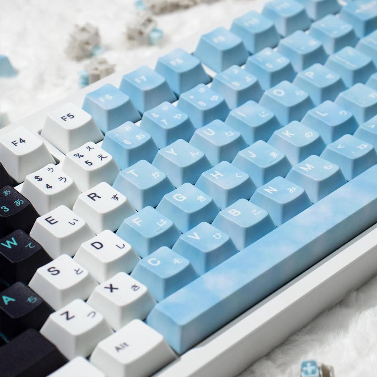 Alt view image 4 of 5 - PBT Japanese Keycaps, White Blue Gradient Keycaps, 130 Keys Cherry Profile Keycaps Set, Dye-Sublimation Custom Keyboard Key Cap for 60% 65% 70% 75% 100% MX Switches Mechanical Keyboards(Snowman)