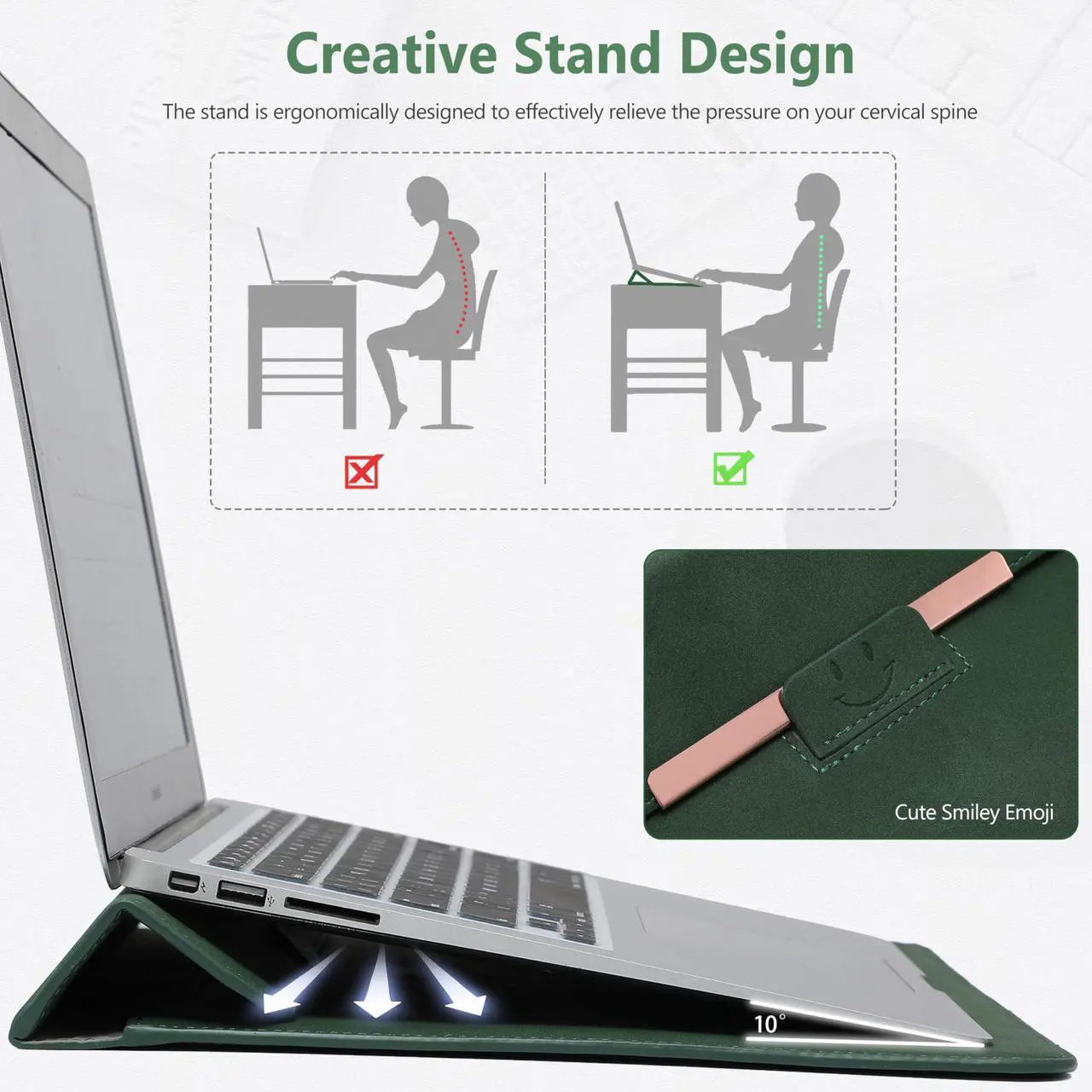 Alt view image 3 of 5 - HYZUO 13 Inch Laptop Sleeve with Stand Feature for MacBook Air 13 M4 M3 M2 M1 2025-2018, MacBook Pro 13 M2 M1, 13" iPad Pro/Air, Surface Pro, with Carry Bag, Midnight Green(Smiley)
