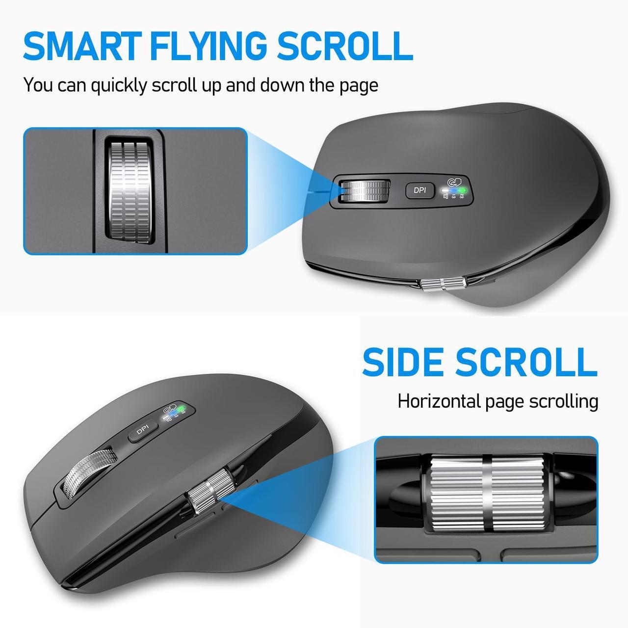 Alt view image 3 of 5 - INFINMIND Wireless Bluetooth Side Scroll Mouse with Multi-Device, Ergonomic Computer Mice with Smart Flying Scroll, Quiet Click for Computer, Laptop, iPad, Tablet, MacBook (Grey)