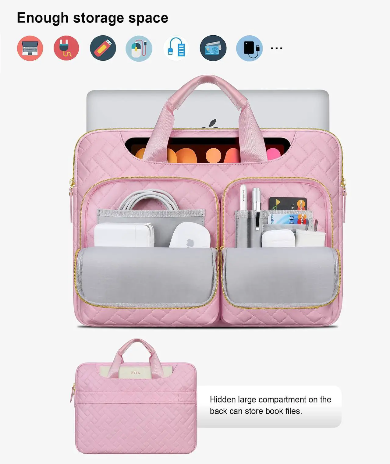 Alt view image 2 of 5 - Lacdo 360deg Protective Laptop Shoulder Bag for 15 inch New MacBook Air M4 A3241 2025, M3 A3114, M2 A2941 2024-2023, 15 inch MacBook Pro A1990 A1707, Dell XPS 15 Plus Computer Case Bag, Sakura Pink