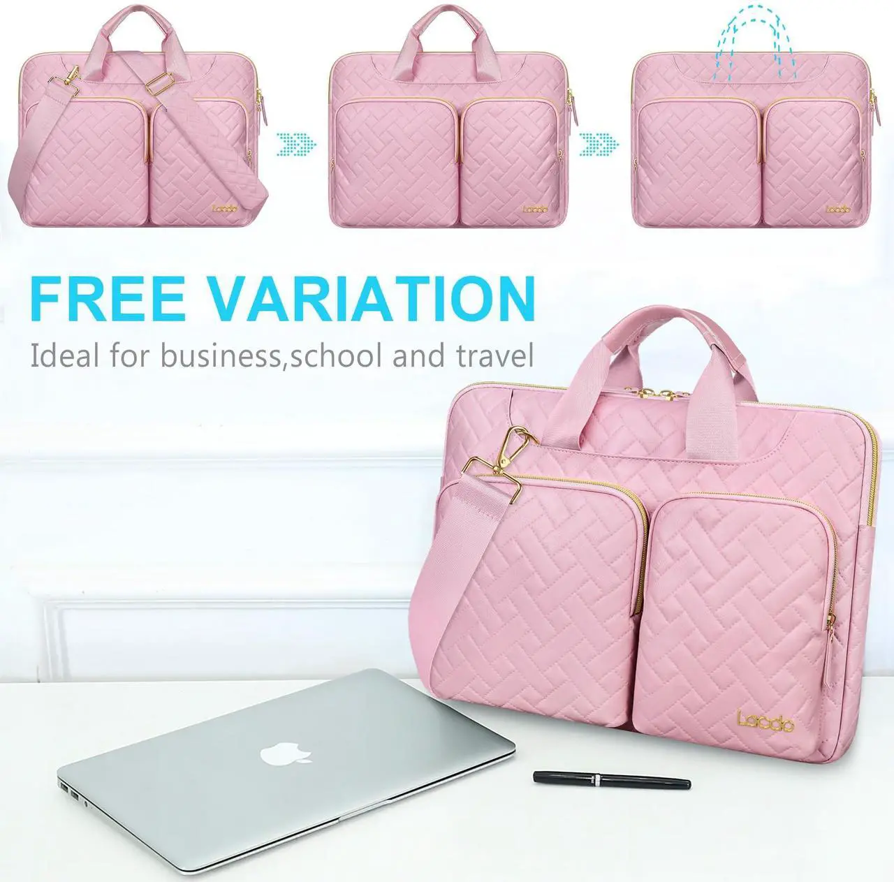 Alt view image 4 of 5 - Lacdo 360deg Protective Laptop Shoulder Bag for 15 inch New MacBook Air M4 A3241 2025, M3 A3114, M2 A2941 2024-2023, 15 inch MacBook Pro A1990 A1707, Dell XPS 15 Plus Computer Case Bag, Sakura Pink