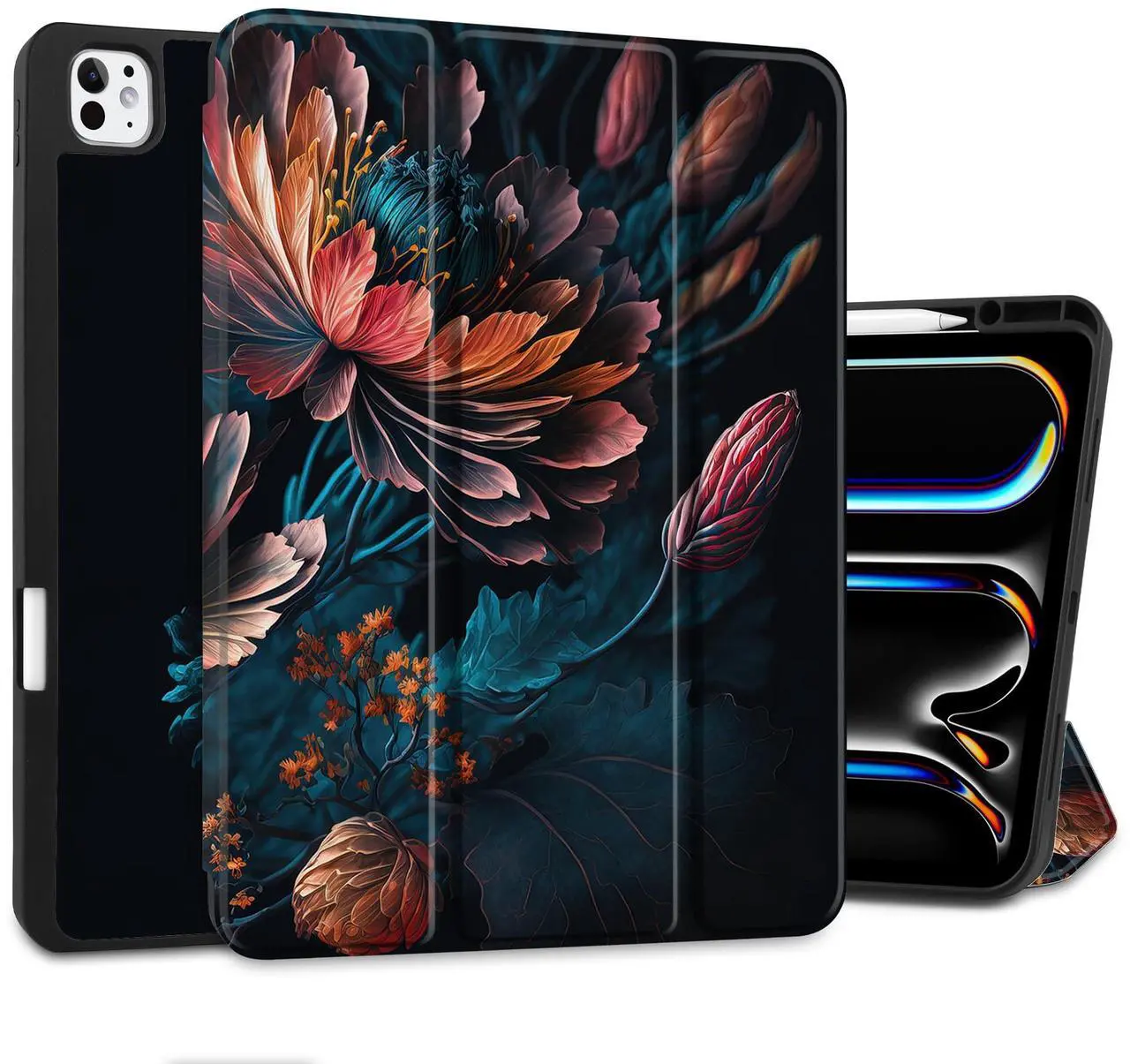 Main image of MEEgoodo Case for M4 iPad Pro 13 inch Case 2024, Tablet Cover with Trifold Stand + Pencil Holder + Auto Wake/Sleep + Soft TPU Back Cover for Kids, Bunch Flowers