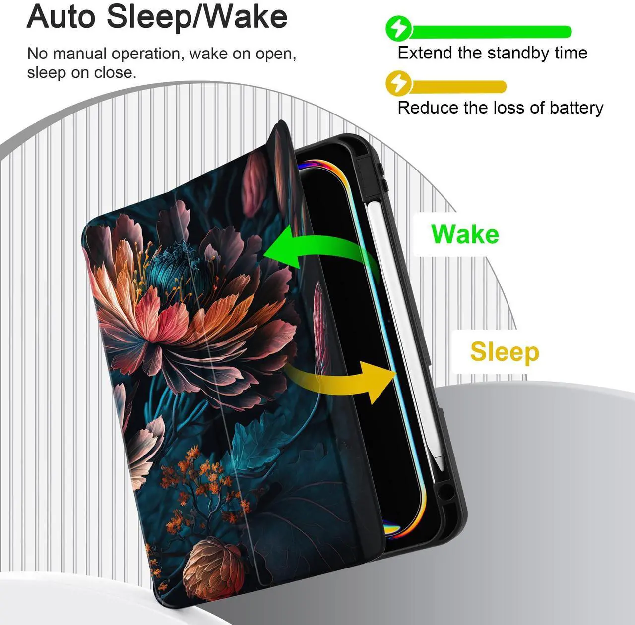 Alt view image 4 of 5 - MEEgoodo Case for M4 iPad Pro 13 inch Case 2024, Tablet Cover with Trifold Stand + Pencil Holder + Auto Wake/Sleep + Soft TPU Back Cover for Kids, Bunch Flowers