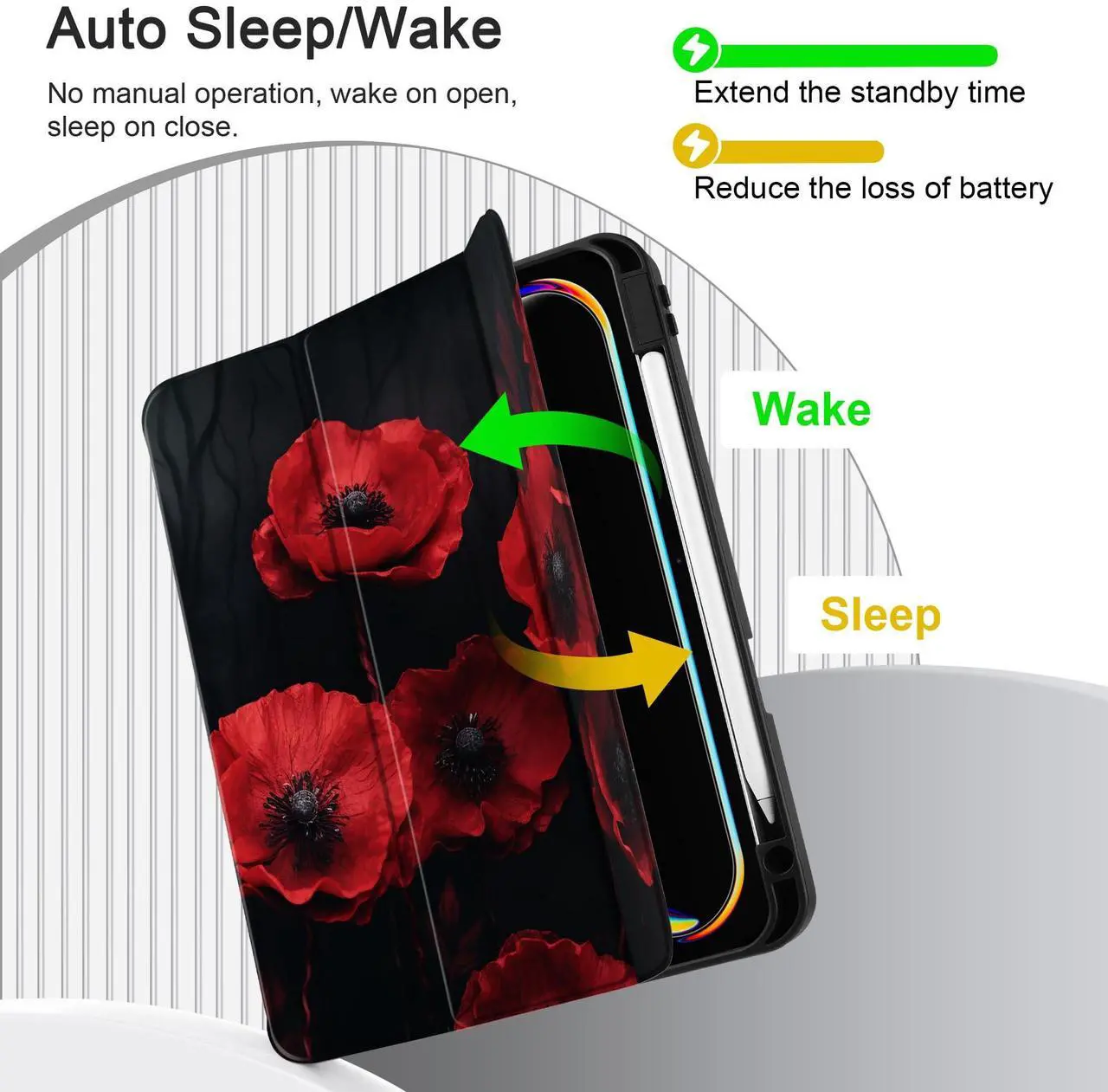 Alt view image 3 of 5 - MEEgoodo Case for M4 iPad Pro 13 inch Case 2024, Tablet Cover with Trifold Stand + Pencil Holder + Auto Wake/Sleep + Soft TPU Back Cover for Kids, Red Poppy Flowers