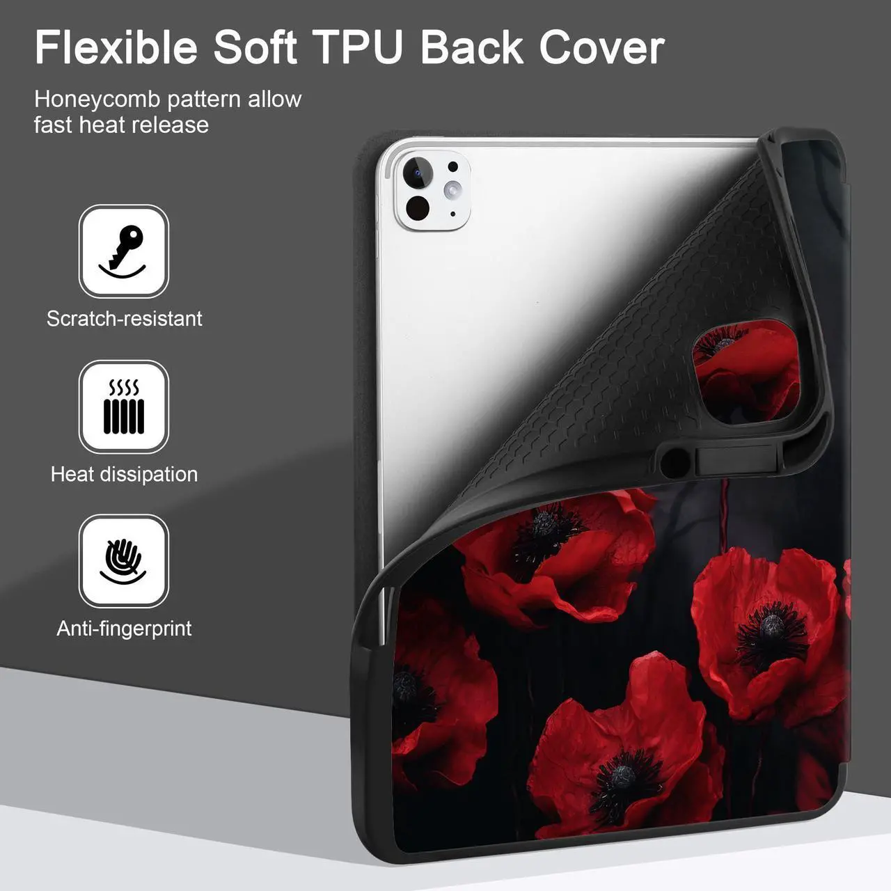 Alt view image 4 of 5 - MEEgoodo Case for M4 iPad Pro 13 inch Case 2024, Tablet Cover with Trifold Stand + Pencil Holder + Auto Wake/Sleep + Soft TPU Back Cover for Kids, Red Poppy Flowers