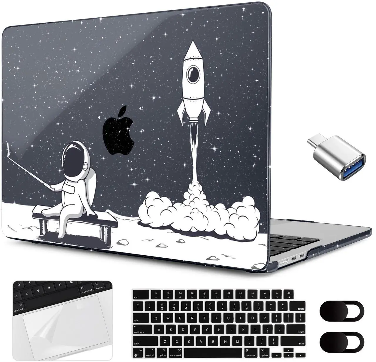 Main image of MEEgoodo Case for MacBook Air 15 inch M4/M3/M2 2025 2024 2023, Case Fit Model (A3241/A3114/A2941) for MacBook Air 15-inch, Laptop with Keyboard & Camera Cover & OTG Adapter, Astronaut Rocket