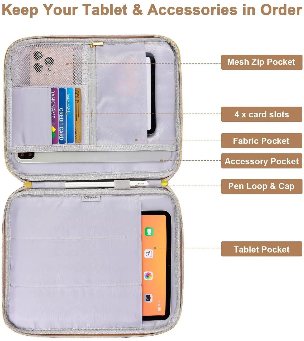 Alt view image 3 of 5 - Puffy iPad Sleeve Case 11 inch, Padded Tablet Bag for iPad Pro 11-in (M4), iPad 10.9 (10th Gen), iPad Air 11-in (M2), Galaxy Tab S9/S8 (Khaki-11)