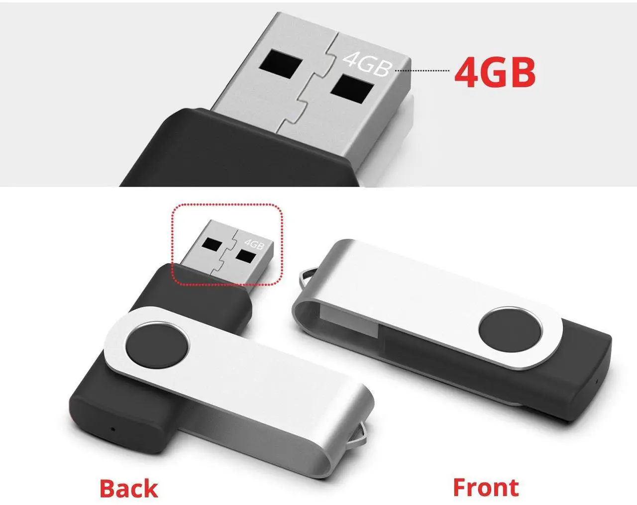 Alt view image 2 of 5 - MOSDART No Logo USB2.0 4GB Flash Drive, Swivel Design with LED Indicator, Keychain Loop, FAT32 Memory Stick for Data Storage, Black(Pack of 10)