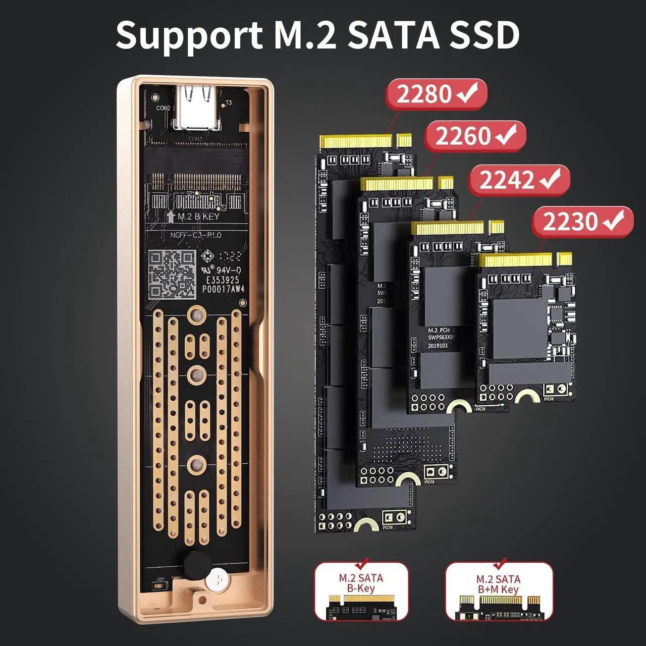 Alt view image 4 of 5 - SAN ZANG MASTER M.2 SATA SSD Enclosure, USB C 3.1 Gen2 to SATA 3.0(6 Gbps), NGFF SATA B-Key(B&M Key) External Solid State Drive Enclosures Support UASP Trim Compatible with 2280/2260/2242/2230