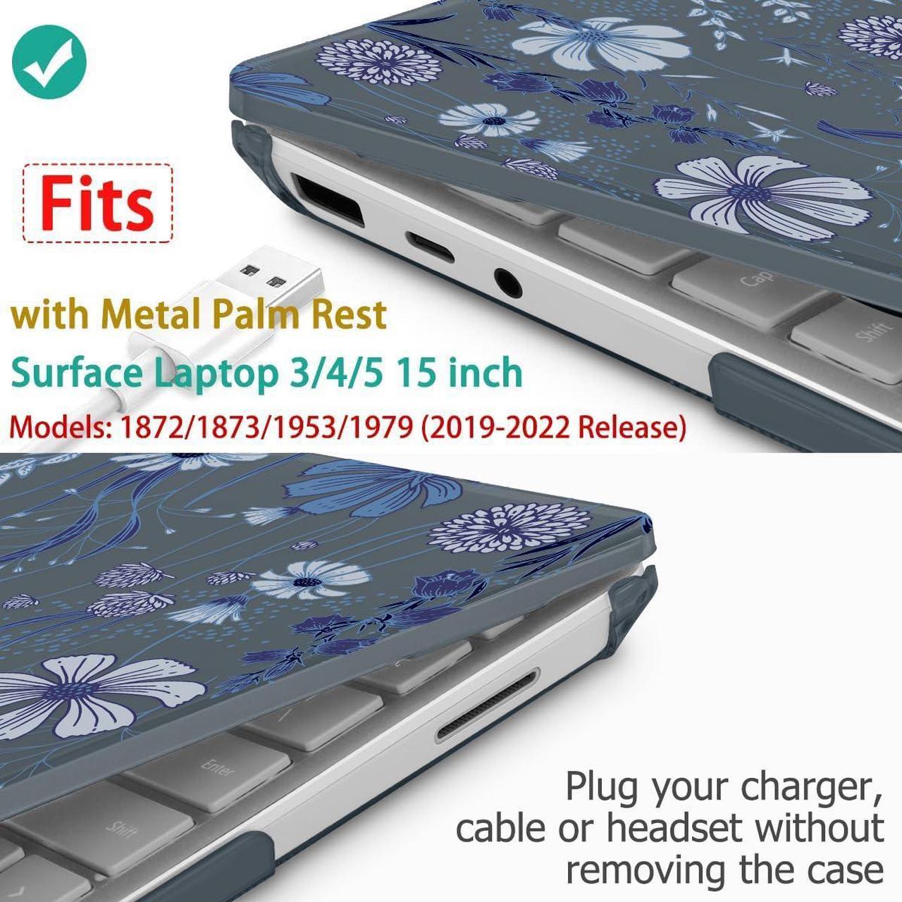 Alt view image 2 of 5 - Tuiklol Case for 15 Inch Microsoft Surface Laptop 5/4/3 2022-2020, Model 1979/1953/1872/1873 Hard Shell Cover, Keyboard Cover+Screen Protector+Dust Plugs,Blue Line Floral