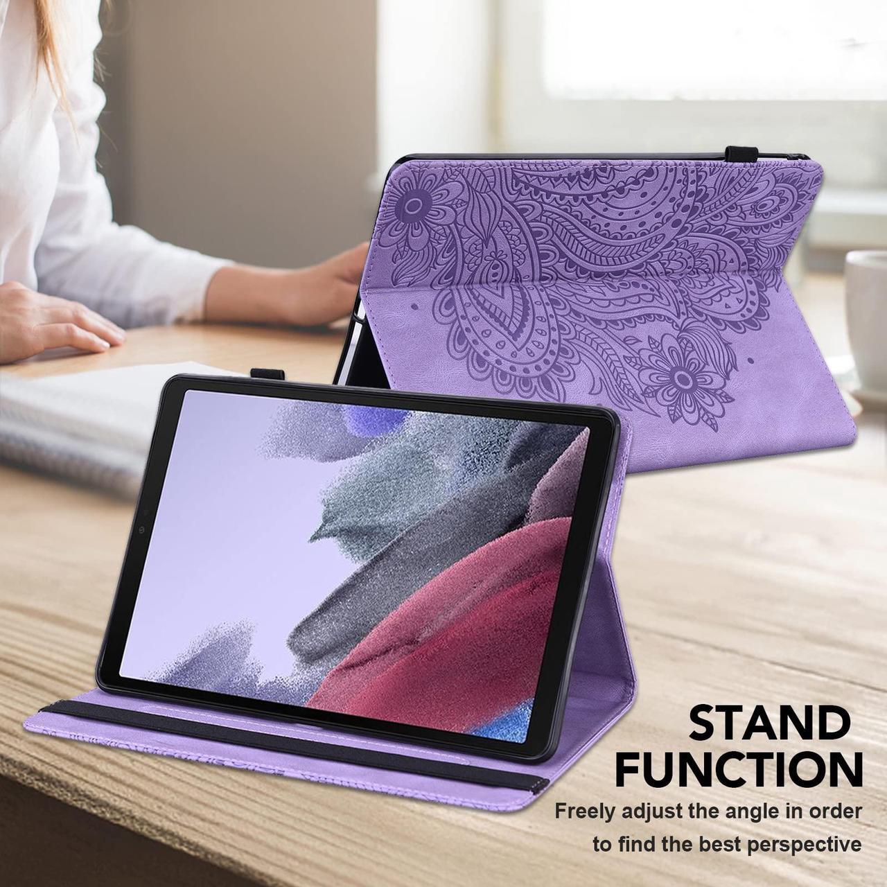 Alt view image 4 of 5 - VODEFOX  Kindle Fire HD 8 8th/7th/6th Generation Case 2016/2017/2018,Embossed Peacock Flower Pattern PU Leather Folio Wallet Shockproof Cover with Pencil Holder Elastic Band - Purple